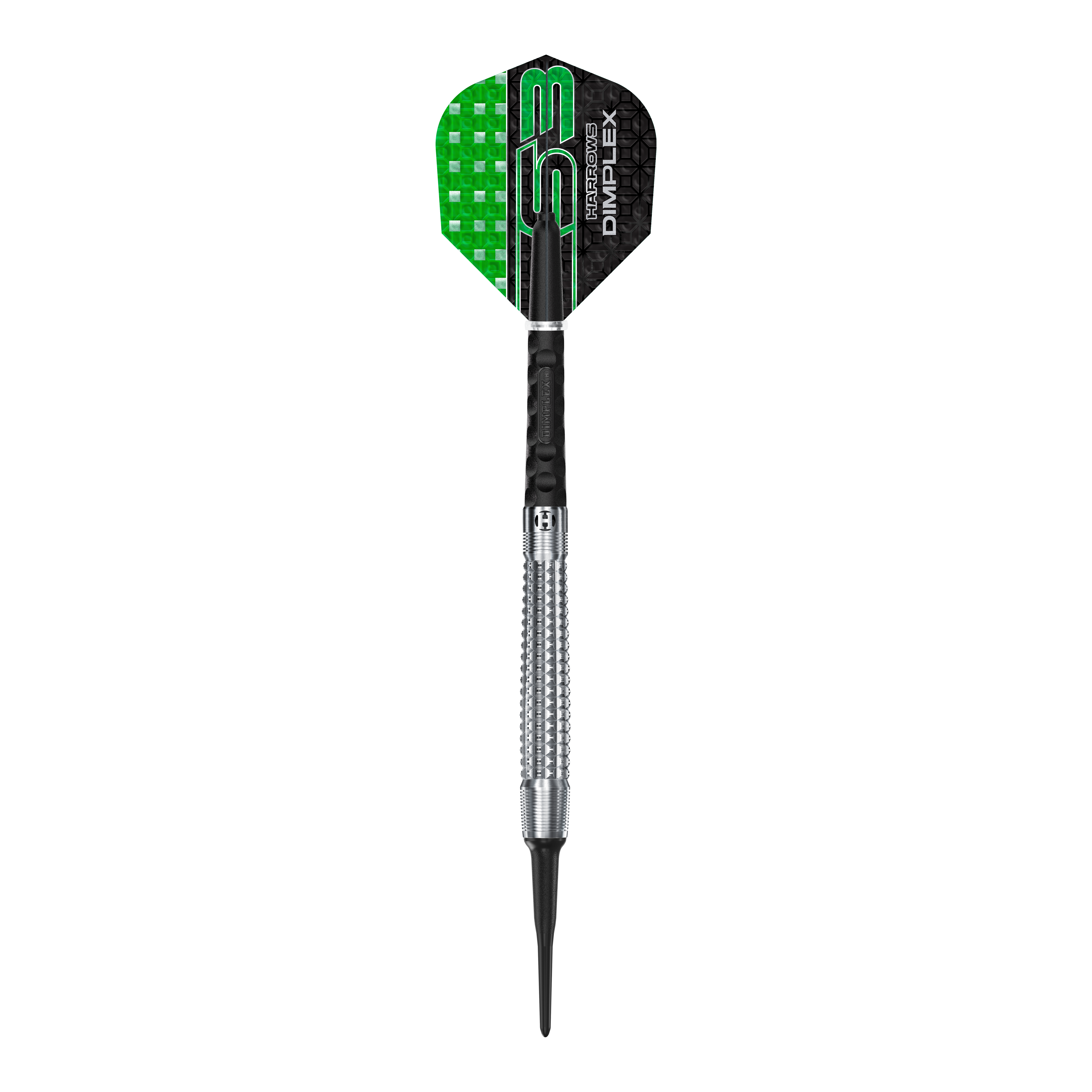 Šipky Harrows Dimplex S3 Tapered Soft Das Bild zeigt einen Harrows Dimplex S3 Tapered Softdart. Der Dartpfeil hat eine Metallspitze und ein schwarzes und grünes Flight-Design.