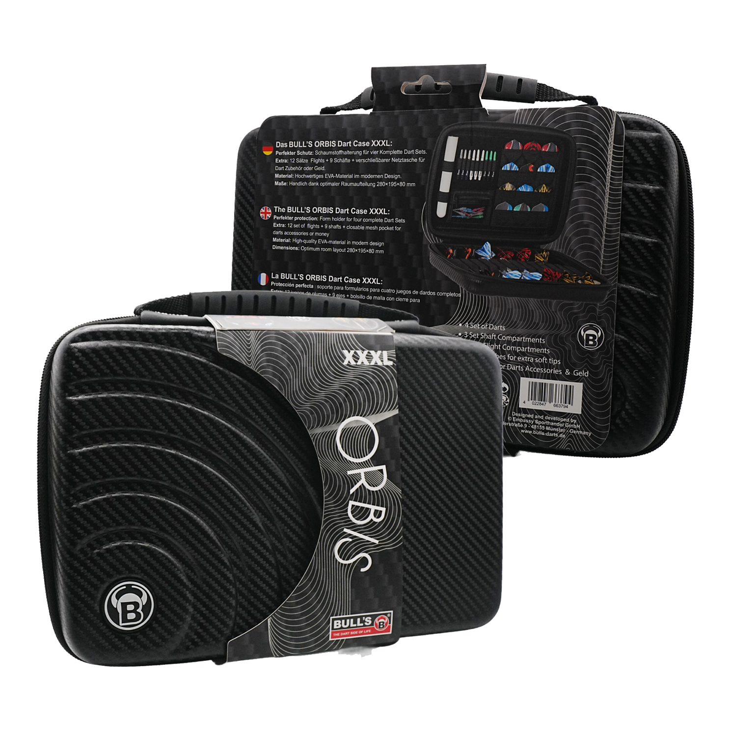 Das Bild zeigt das Produkt "Bulls Orbis XXL Dartcase - Carbongrey" in schwarzer Carbon-Optik. Das Dartcase ist groß und bietet Platz für mehrere Dart-Sets und Zubehör.