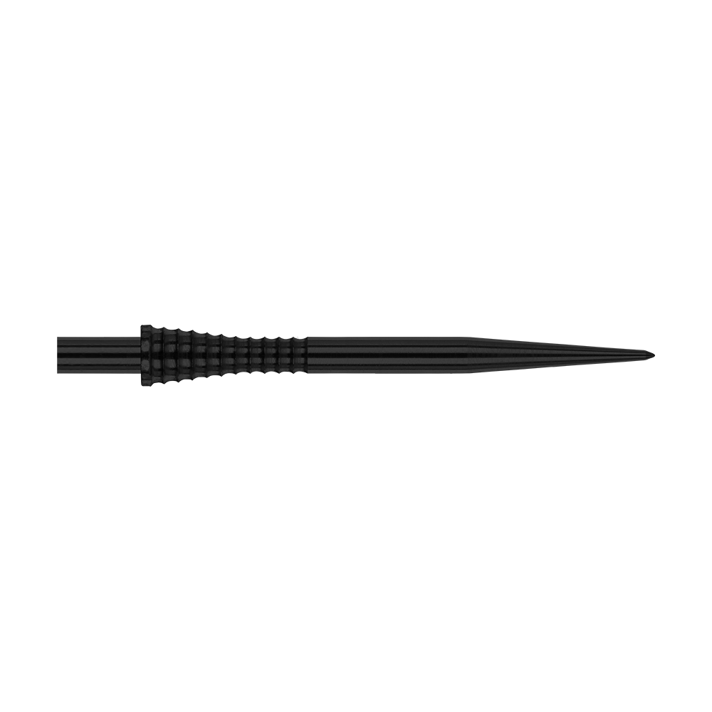 Das Bild zeigt die Red Dragon Raptor Gripped Black Steeldartspitze mit einer Länge von 38 mm. Die Spitze ist schwarz und hat eine geriffelte Grifffläche für besseren Halt.