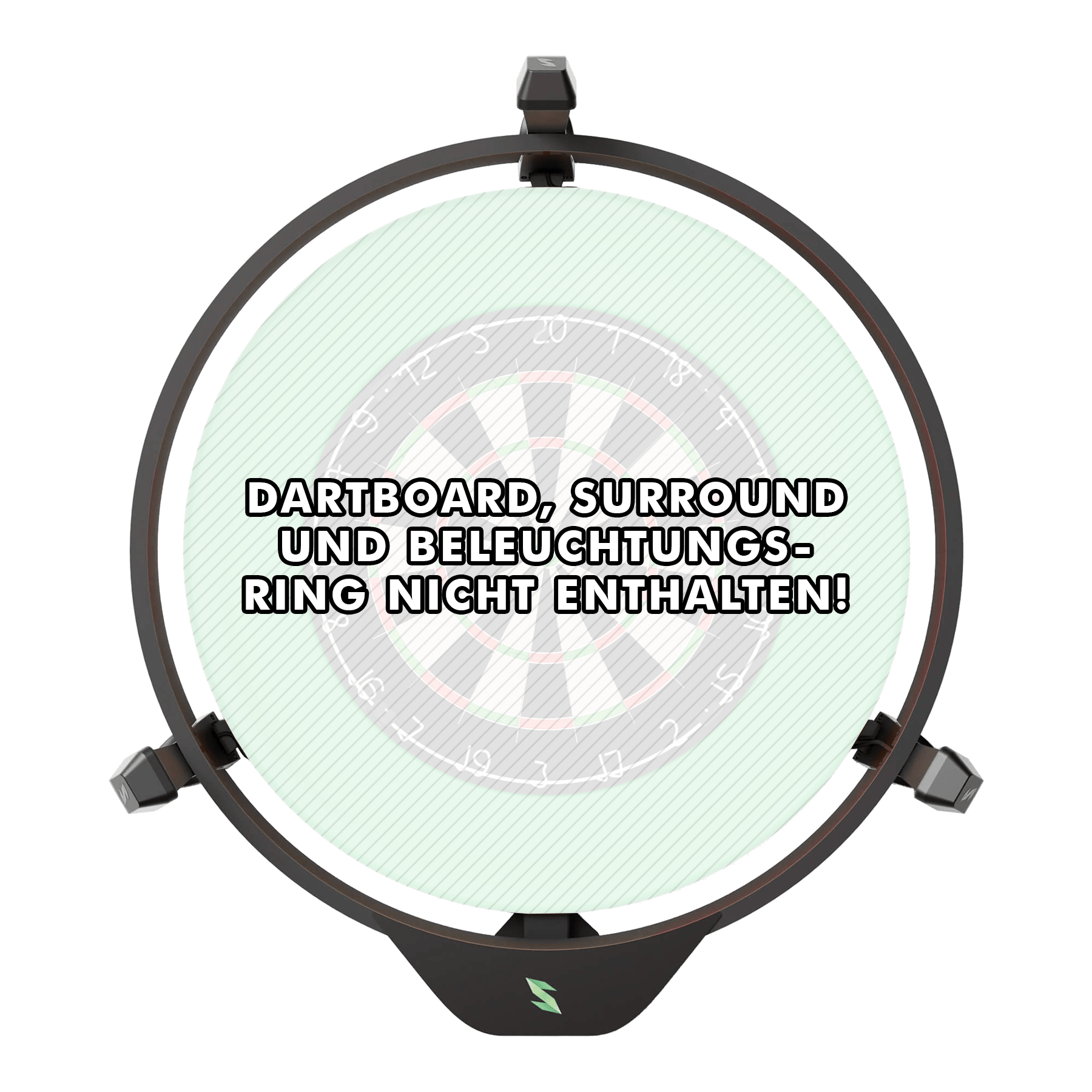 Das Bild zeigt das Produkt "Scolia Home 2 Electronic Score System", das an einem Dartboard angebracht ist. Auf dem Bild steht geschrieben, dass Dartboard, Surround und Beleuchtungsring nicht enthalten sind.