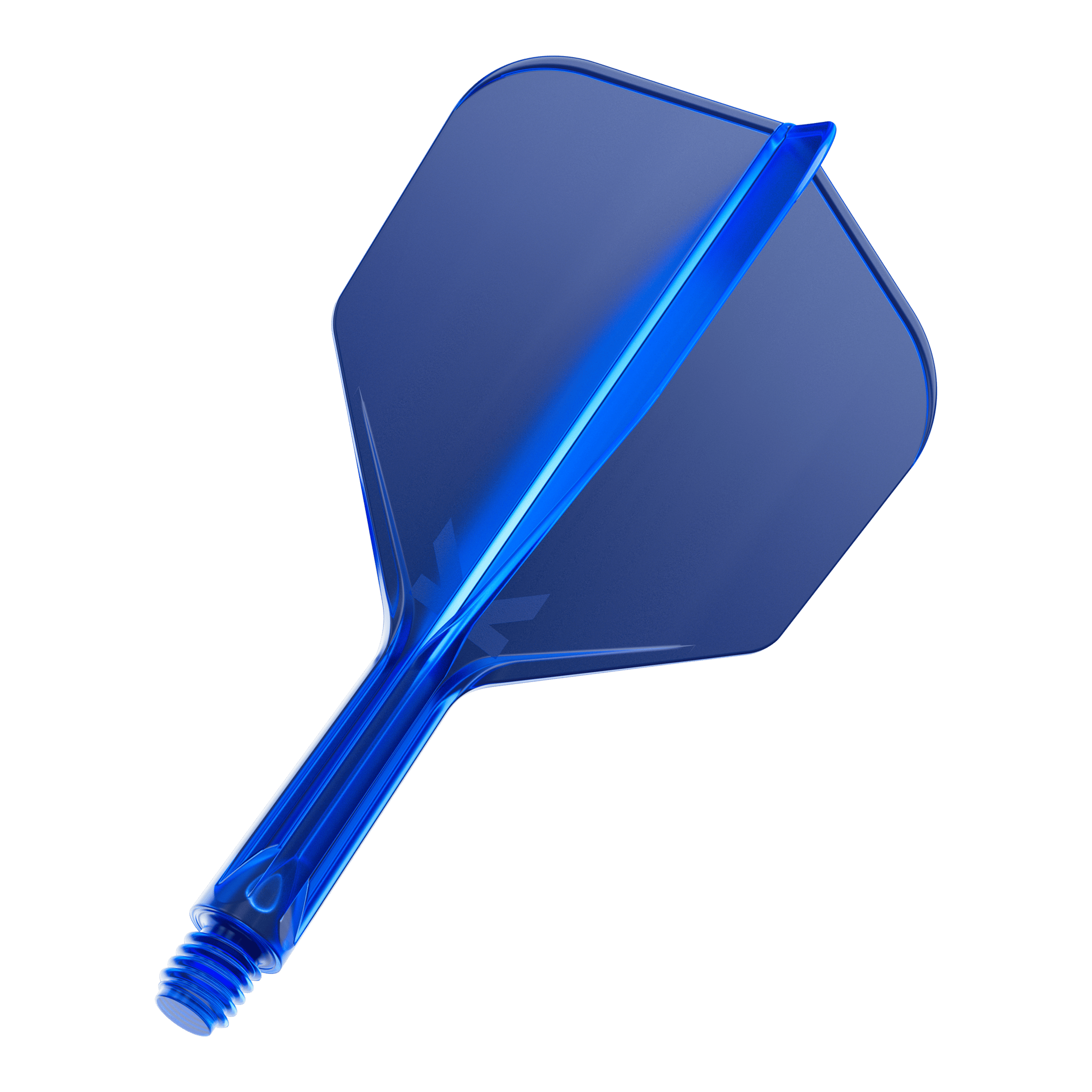 Letový systém Target K-Flex No6 - modrý Das Bild zeigt ein blaues Dartflight-System mit integriertem Schaft. Das Material wirkt durchsichtig und hat eine glatte, glänzende Oberfläche.