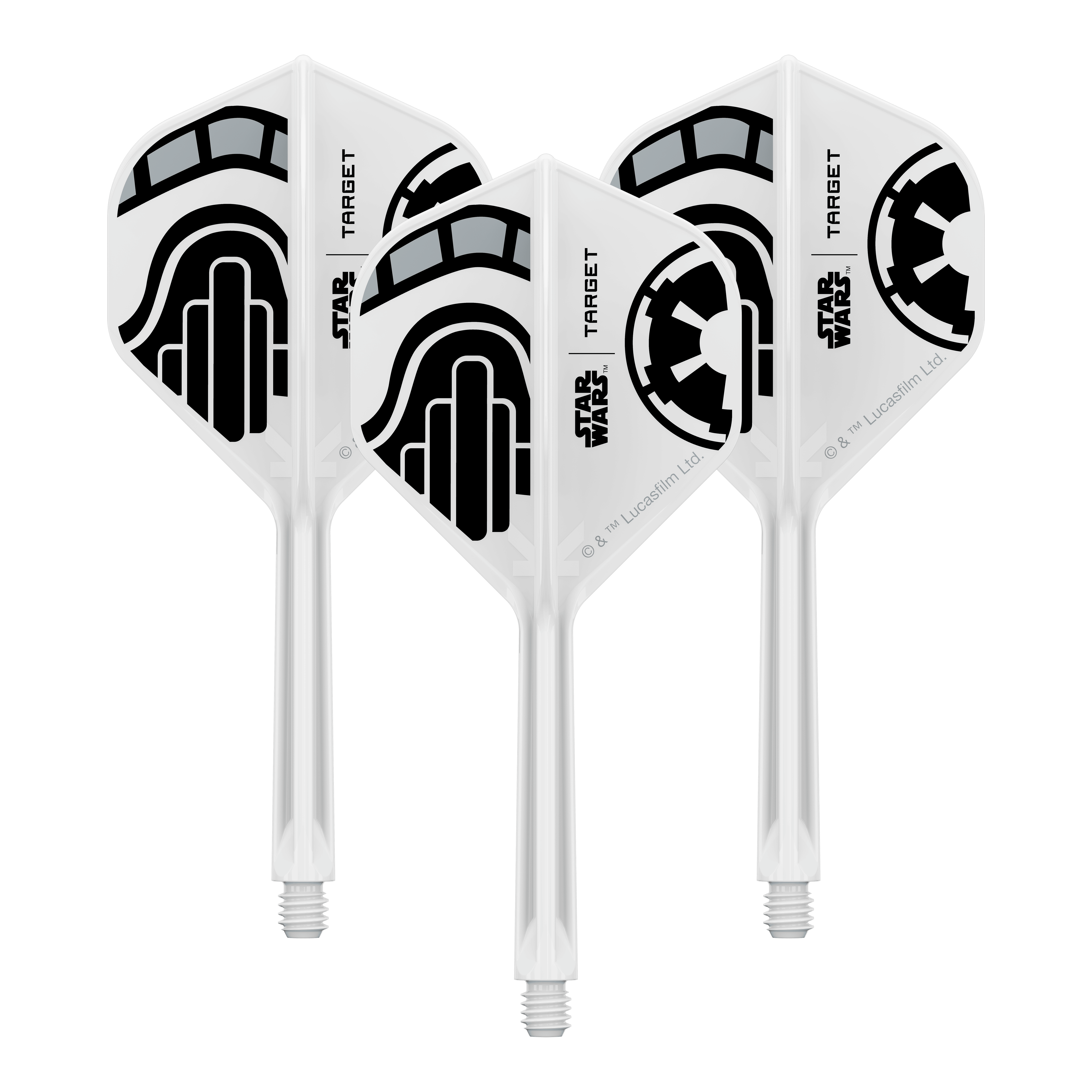 Standardní letky Target Star Wars K-Flex Stormtrooper No2 Das Bild zeigt ein Set von Dart-Flights der Star Wars KFlex Stormtrooper No2 Standard Serie. Diese Version ist medium und hat eine Länge von 33 mm.