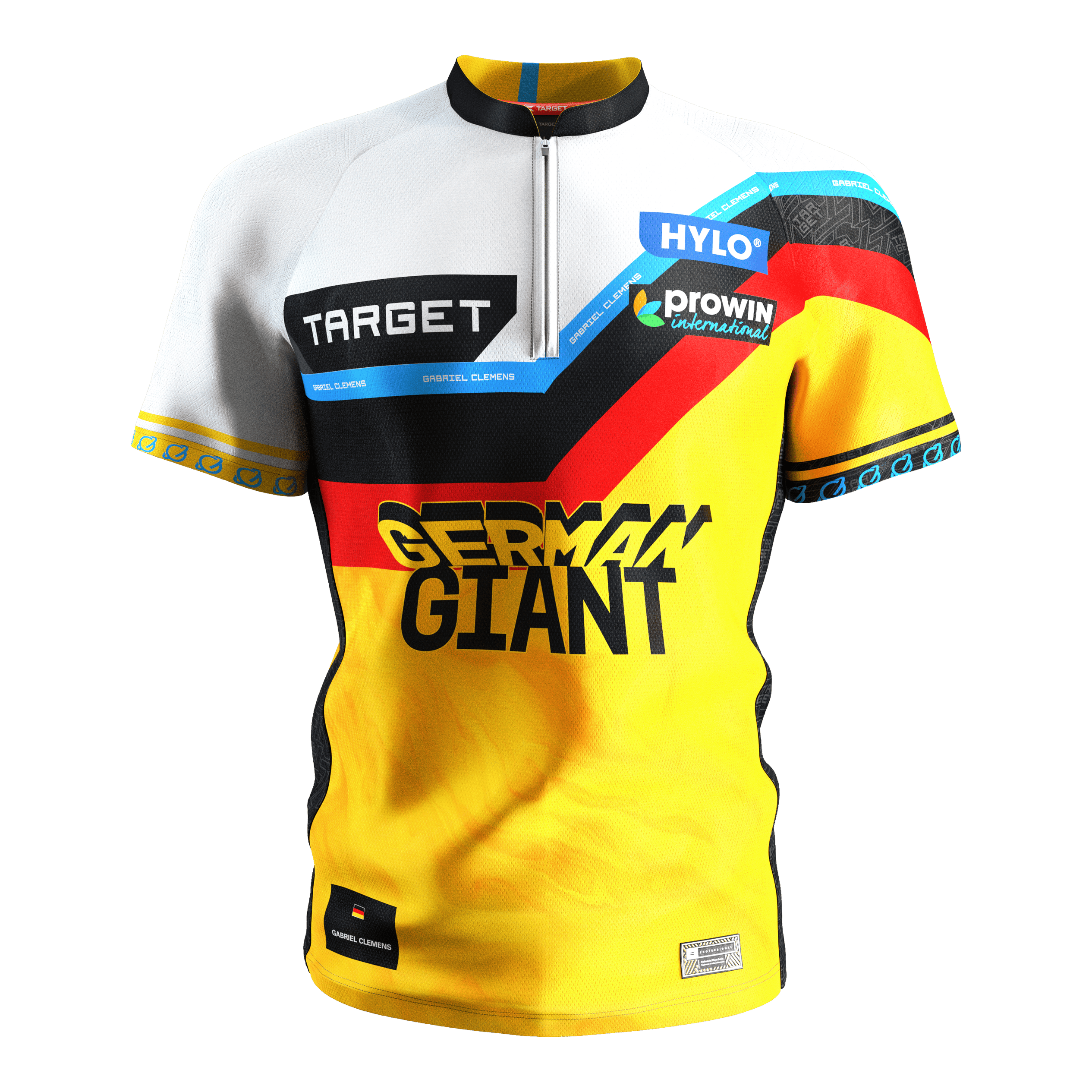 Tričko Target Coolplay Gabriel Clemens 2025 s nápisem "dap" Das Bild zeigt das Target Coolplay Gabriel Clemens 2025 Dartshirt. Das Trikot ist gelb, schwarz, rot und weiß und trägt die Aufschrift "GERMAN GIANT" auf der Vorderseite.