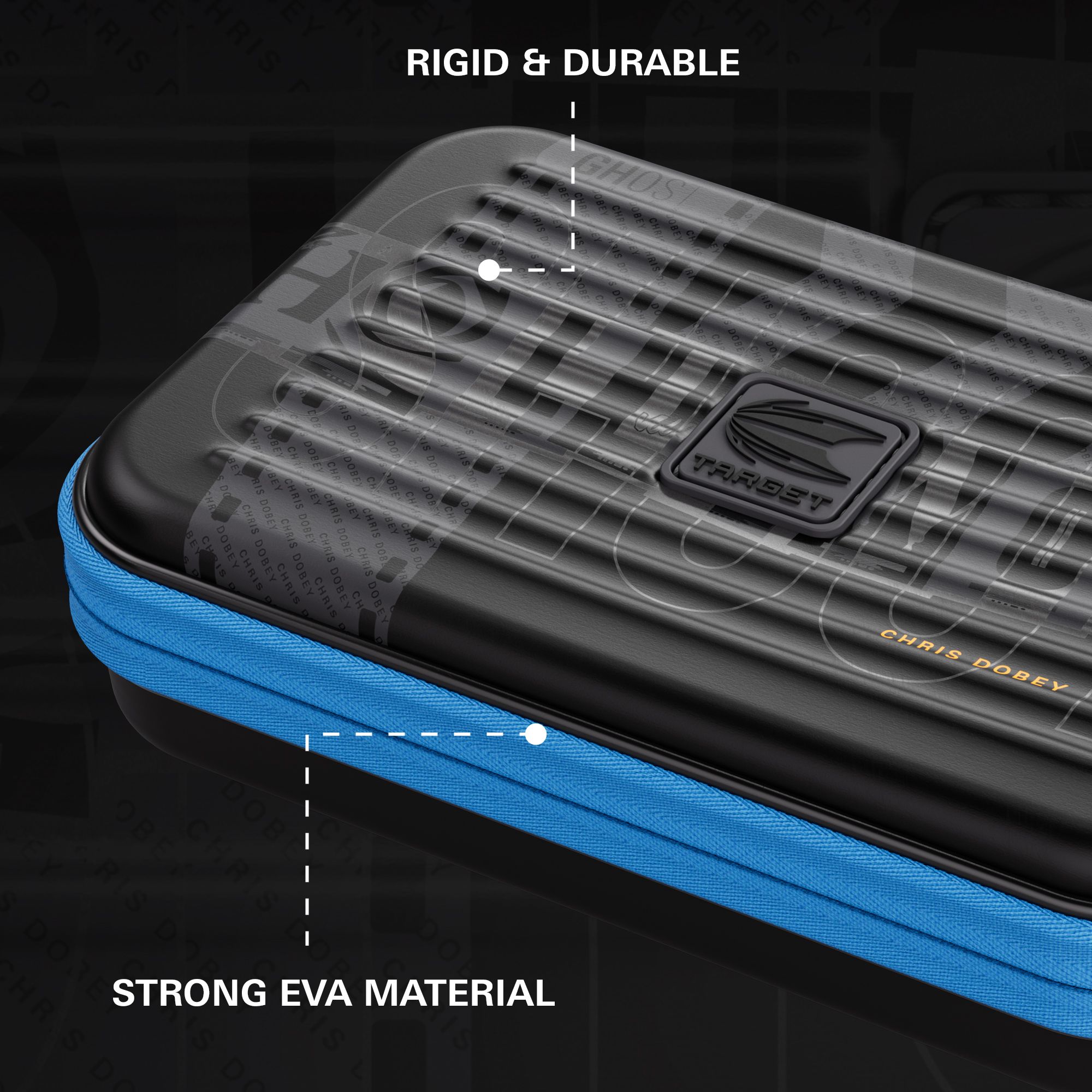 Das Bild zeigt das Takoma XL Ghost Series Chris Dobey Dartcase. Dieses Dartcase ist für Darts-Fans geeignet und wurde nach dem Spieler Chris Dobey benannt.