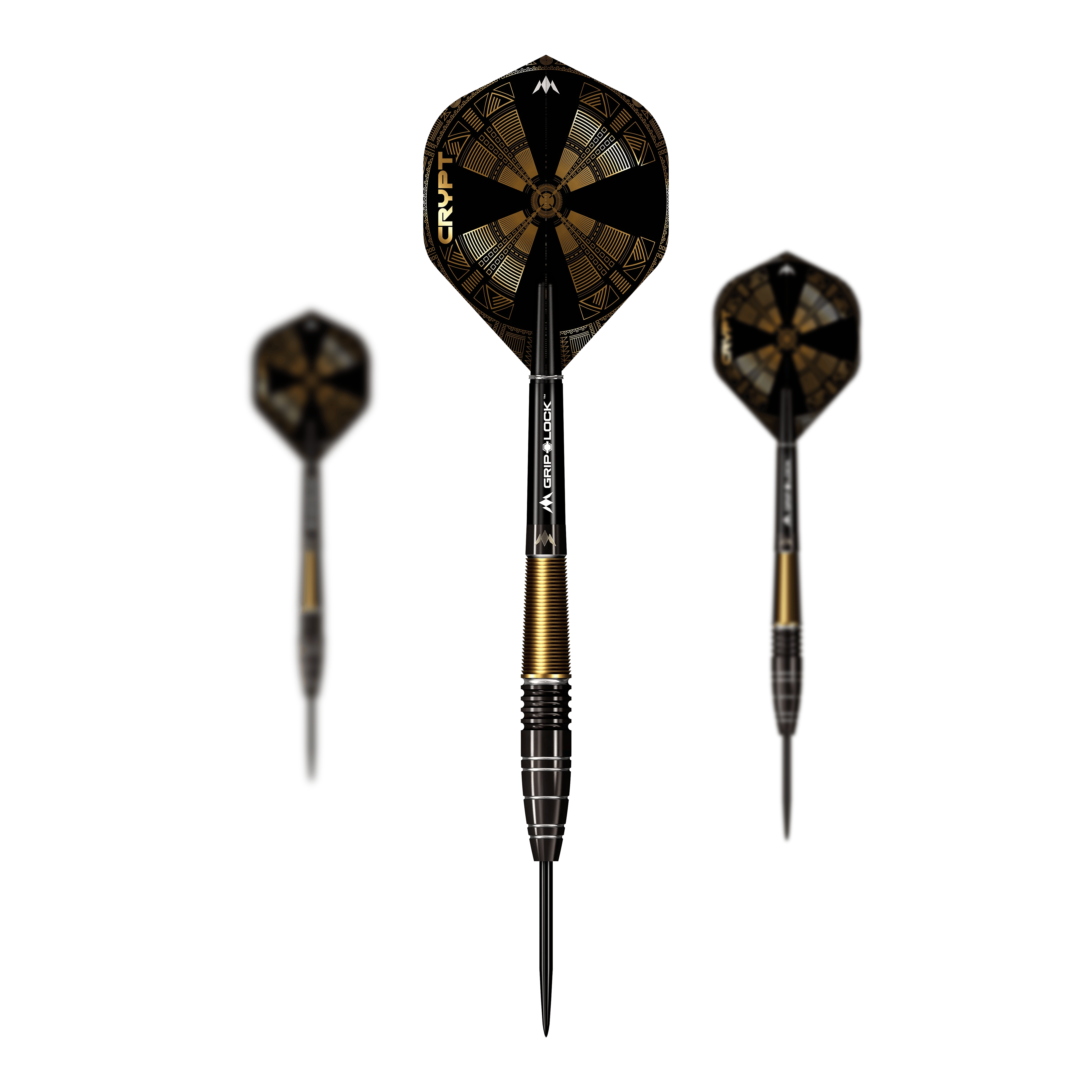 Ocelové šipky Mission Crypt Model 1 - 22g Die Abbildung zeigt drei Steeldarts des Modells "Mission Crypt Model 1" mit einem Gewicht von 22g. Die Darts sind schwarz-golden gestaltet und haben ein modernes, geometrisches Flight-Design.