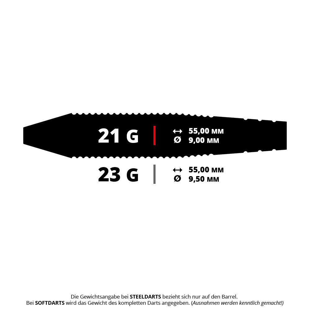 Býci Martin Schindler The Wall Mosazné ocelové šipky Das Bild zeigt die Maße und das Gewicht von zwei verschiedenen Steeldarts. Ein Dart wiegt 21 Gramm bei 55 mm Länge und 9 mm Durchmesser, der andere 23 Gramm bei 55 mm Länge und 9,5 mm Durchmesser.