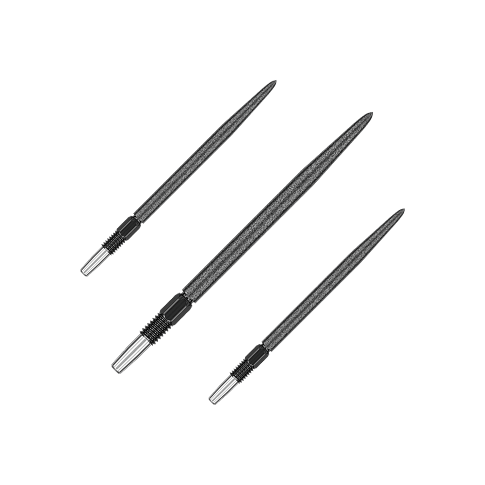 Špičky na šipky Target Swiss Point SLK - černé Das Bild zeigt drei schwarze Dartspitzen, die nebeneinander liegen. Sie haben eine metallische Spitze und einen geriffelten Abschnitt am Ende.