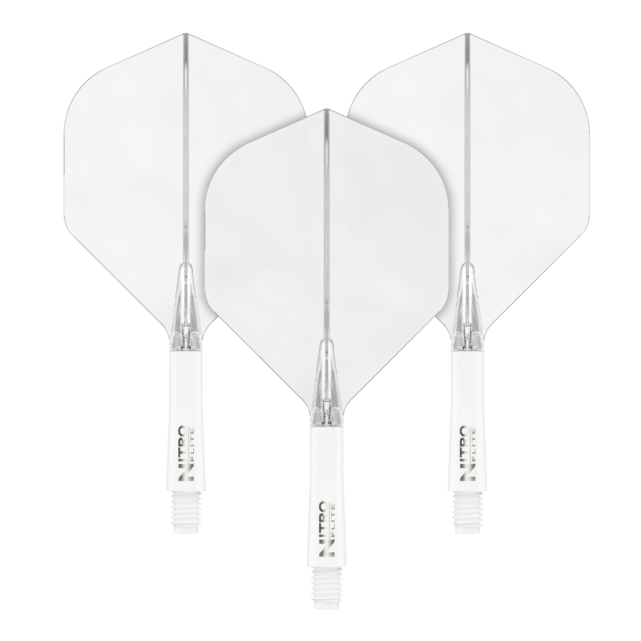 Red Dragon Nitroplite - White Shaft Clear No2 Flights Das Bild zeigt drei weiße Dartflights mit weißen Schäften. Sie sind nebeneinander auf schwarzem Hintergrund angeordnet.