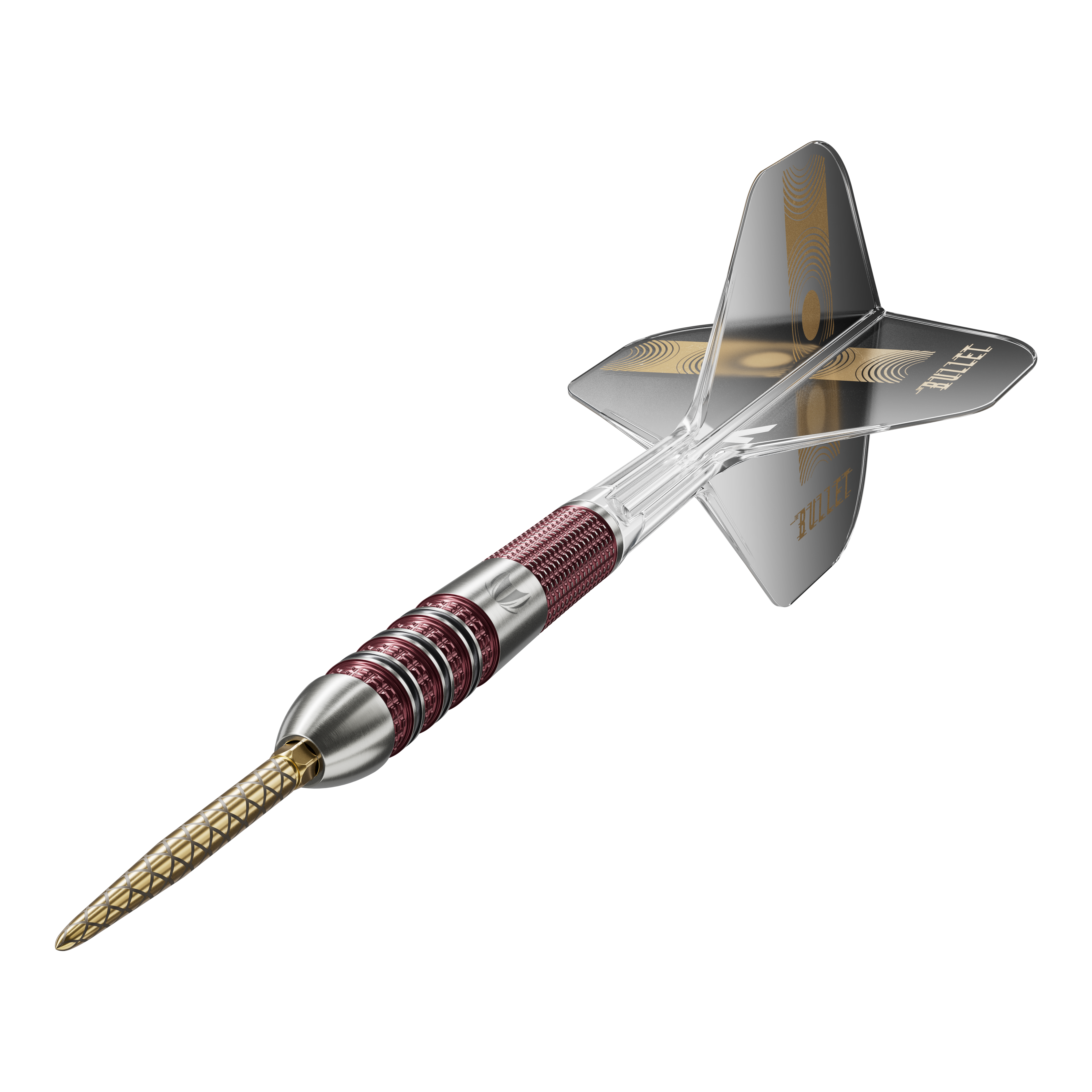 Das Bild zeigt einen Target Stephen Bunting 95K Swiss Point Steeldart. Der Dartpfeil hat einen metallic-roten Griff, eine goldene Spitze und schwarze Flights mit dem Schriftzug "BULLET".
