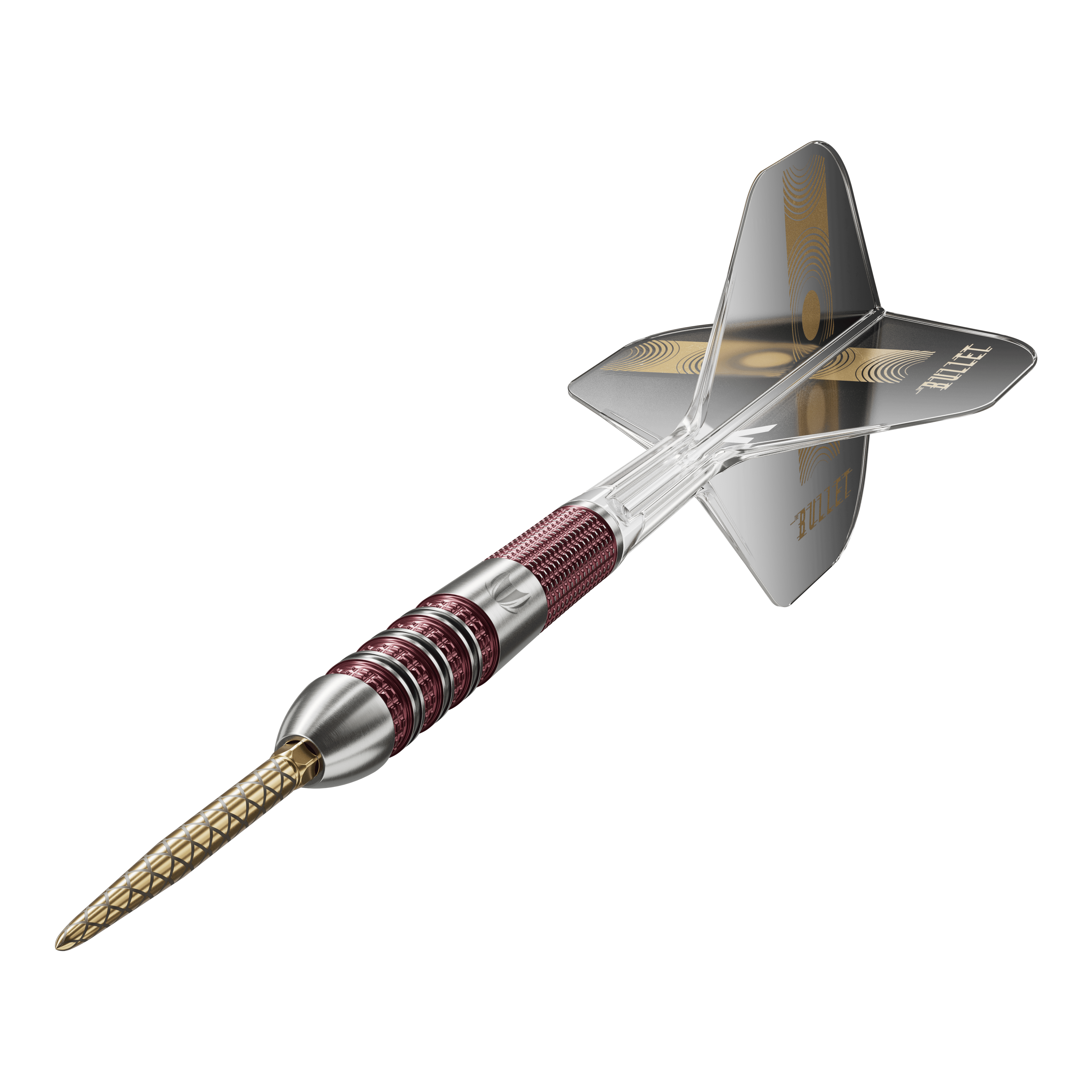 Šipky Target Stephen Bunting 95K Swiss Point Steel Das Bild zeigt einen Target Stephen Bunting 95K Swiss Point Steeldart. Der Dartpfeil hat einen metallic-roten Griff, eine goldene Spitze und schwarze Flights mit dem Schriftzug "BULLET".