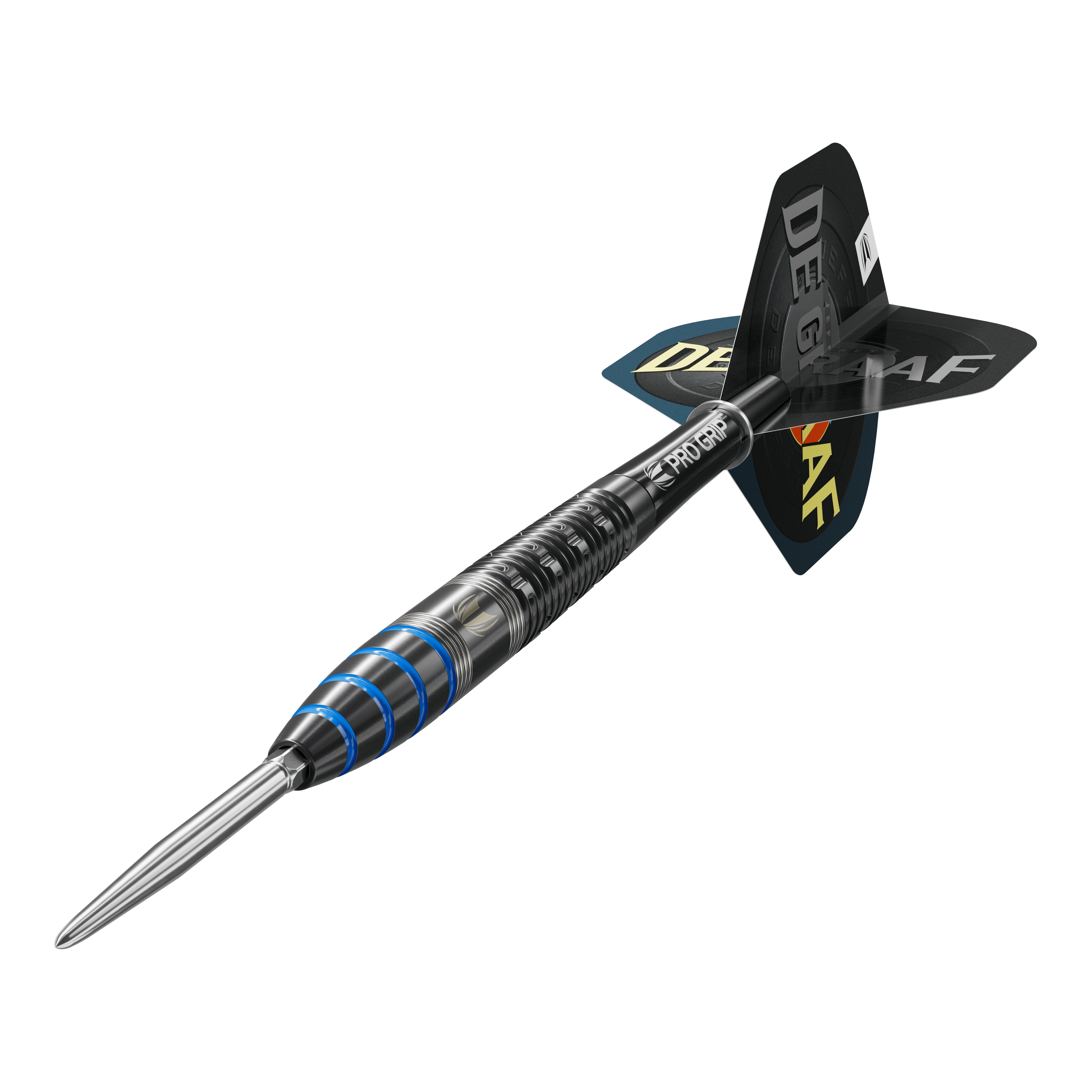 Terč Jeffrey De Graaf GEN1 Swiss Point Steeldarts - 23g Das Bild zeigt einen Target Jeffrey De Graaf GEN1 Swiss Point Steeldart mit einem Gewicht von 23 Gramm. Der Dart hat ein schwarzes Design mit blauen Akzenten und der Aufschrift "DE GRAAF" auf den Flights.