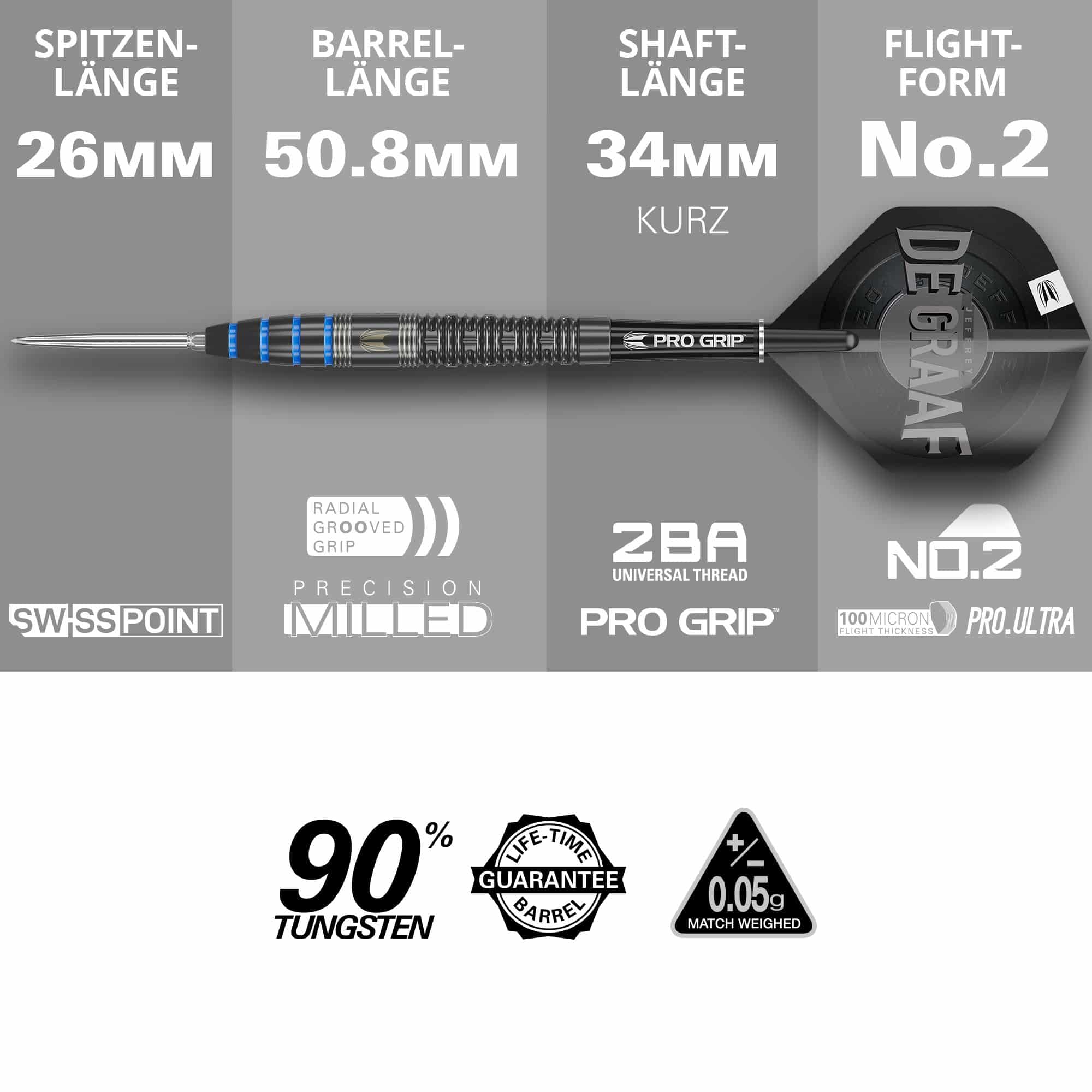 Terč Jeffrey De Graaf GEN1 Swiss Point Steeldarts - 23g Das Bild zeigt den Steeldart "Target Jeffrey De Graaf GEN1 Swiss Point" mit 23g Gewicht. Die wichtigsten Merkmale sind eine Spitzenlänge von 26 mm, eine Barrelinglänge von 50,8 mm, eine Schaftlänge von 34 mm sowie Flights in der Form No.2.
