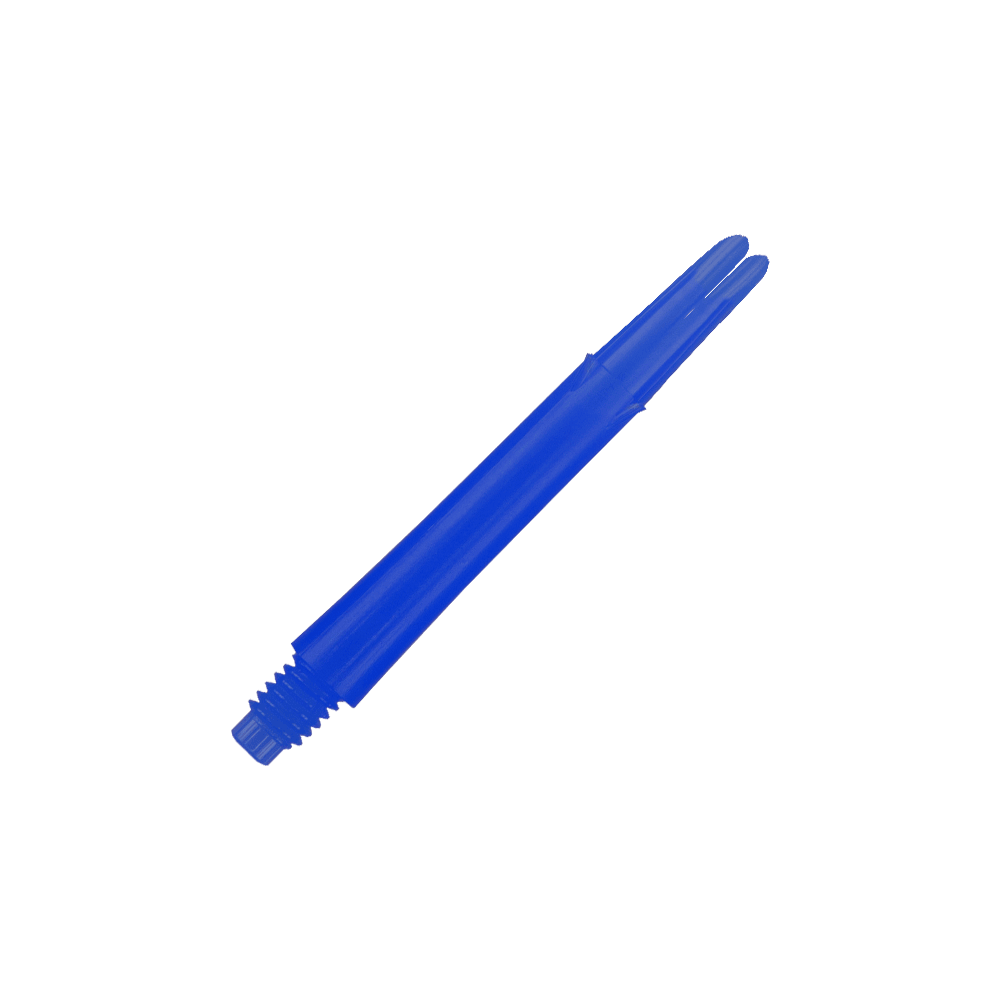 L-tvarované L-hřídele, rovné, zajištěné - modré Das Bild zeigt einen geraden, blauen Dartshaft ohne Kappen. Der Schaft hat ein Gewinde an einem Ende und ist 39 mm lang.