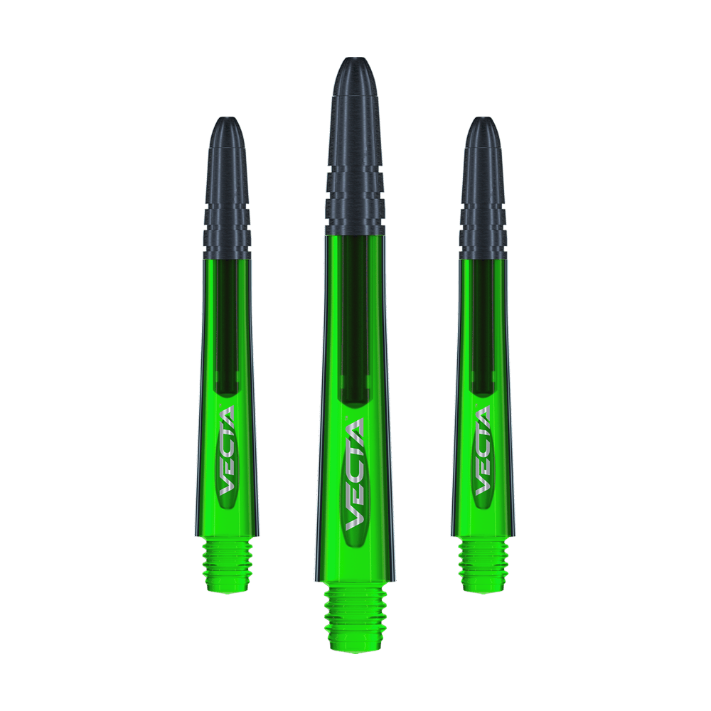 7025-204_Winmau_Vecta_Shafts_Gr-n_40mm_1vw2Kkaq4E50tJ Das Bild zeigt drei grüne Winmau Vecta Shafts für Darts. Sie haben einen schwarzen oberen Teil und das Wort "Vecta" steht auf jedem Shaft.