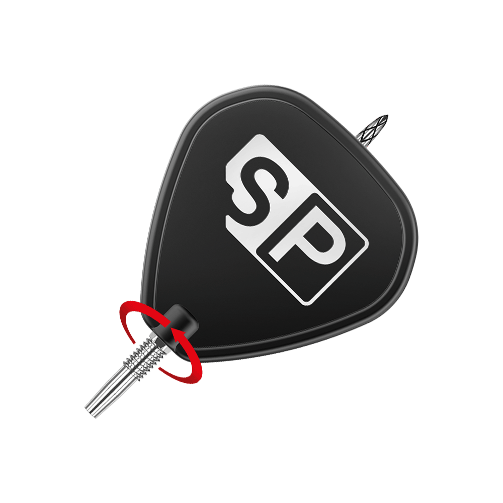 Target Swiss DS Surge Point Dart Tips - Stříbrné Das Bild zeigt die Spitze eines Dartpfeils mit einem schwarzen Flight, auf dem die Buchstaben "SP" in Weiß abgebildet sind. Ein roter Pfeil weist auf den Befestigungspunkt der Spitze hin.