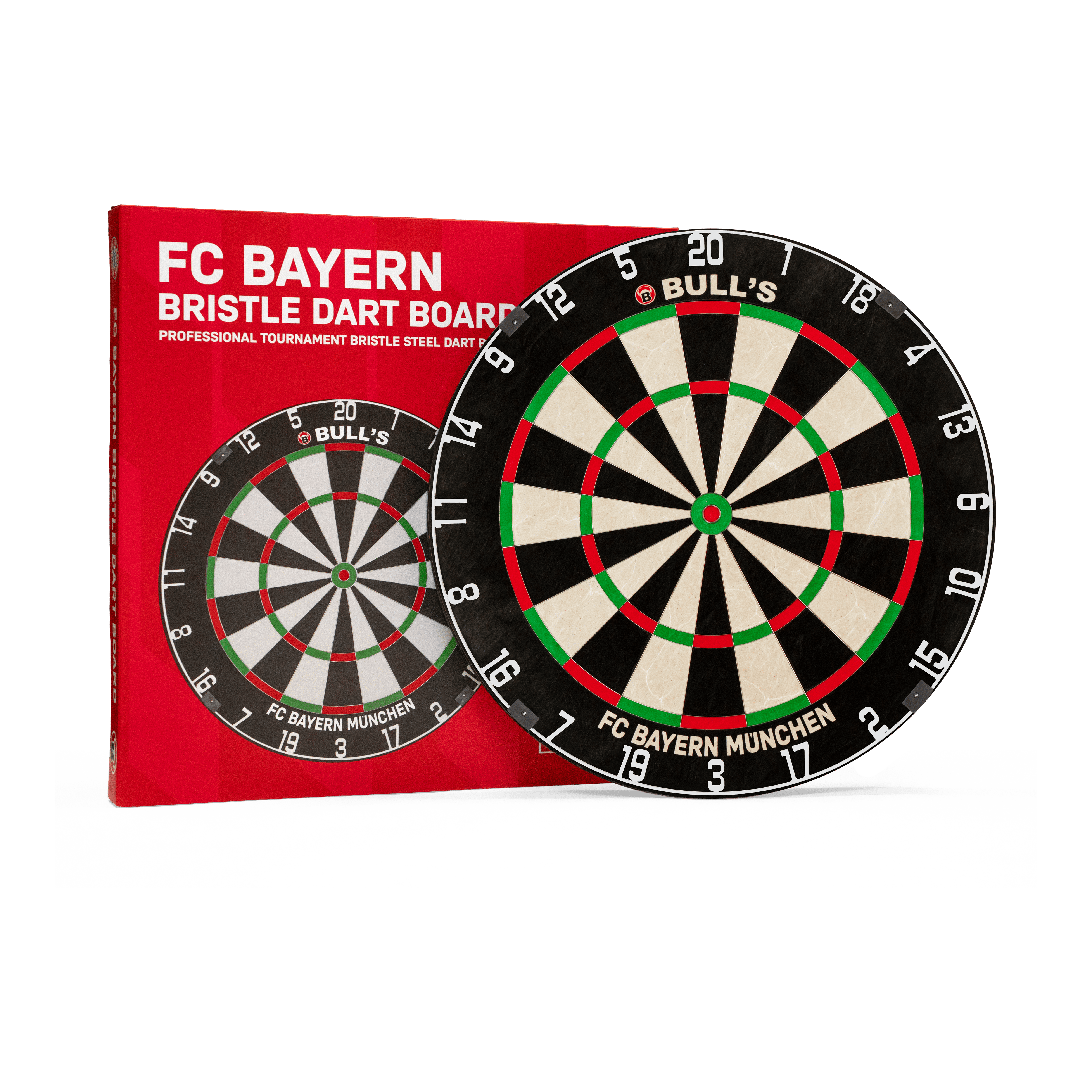 Ocelová šipka na šipky Bulls FC Bayern Mnichov Das Bild präsentiert das Bulls FC Bayern München Bristle Steeldartboard. Es handelt sich um ein Steeldartboard mit FC Bayern München Logo.