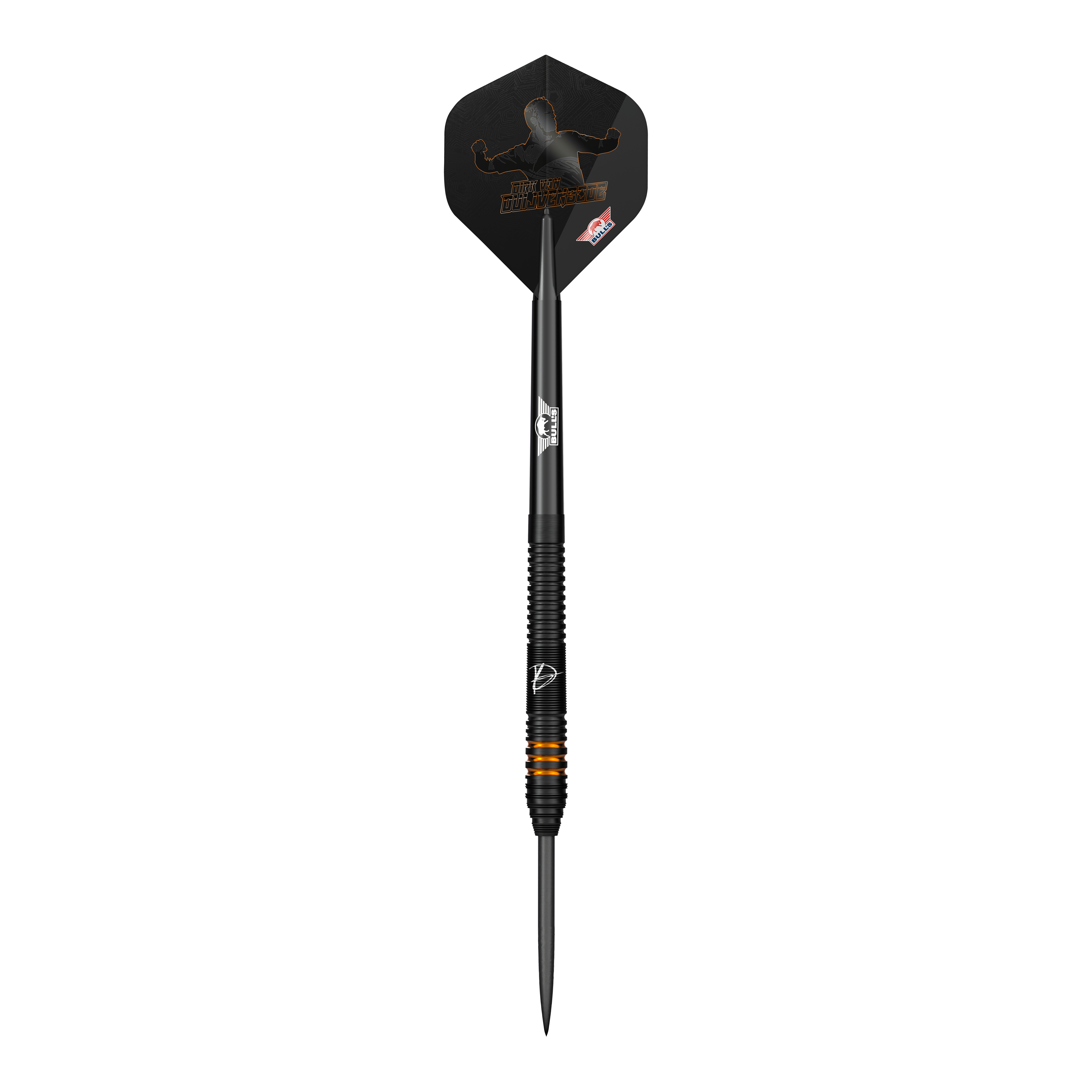 Ocelové šipky Bulls NL Dirk Van Duijvenbode Edition 2 Auf dem Bild ist ein Steeldart aus der Serie "Bulls NL Dirk Van Duijvenbode Edition 2" zu sehen. Der Dart ist überwiegend schwarz mit orangefarbenen Akzenten und hat eine auffällige Flights-Gestaltung.