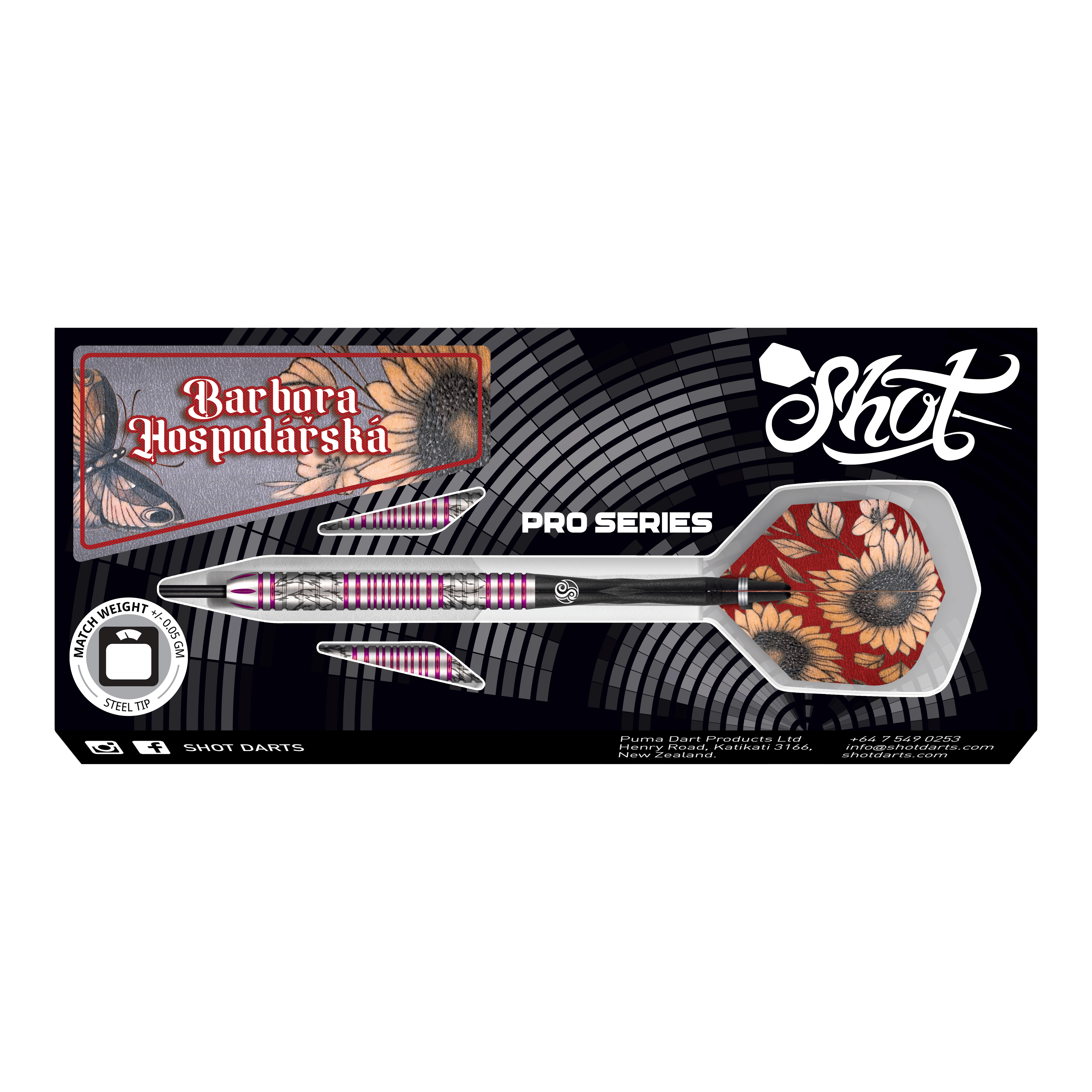Shot Pro Series Barbora Hospodářská 2 Steeldarts - 23g Das Bild zeigt das Produkt "Shot Pro Series Barora Hospodarska Steeldarts - 23g". Die Darts haben ein auffälliges Design mit Blumenmuster und sind für professionelle Spieler geeignet.