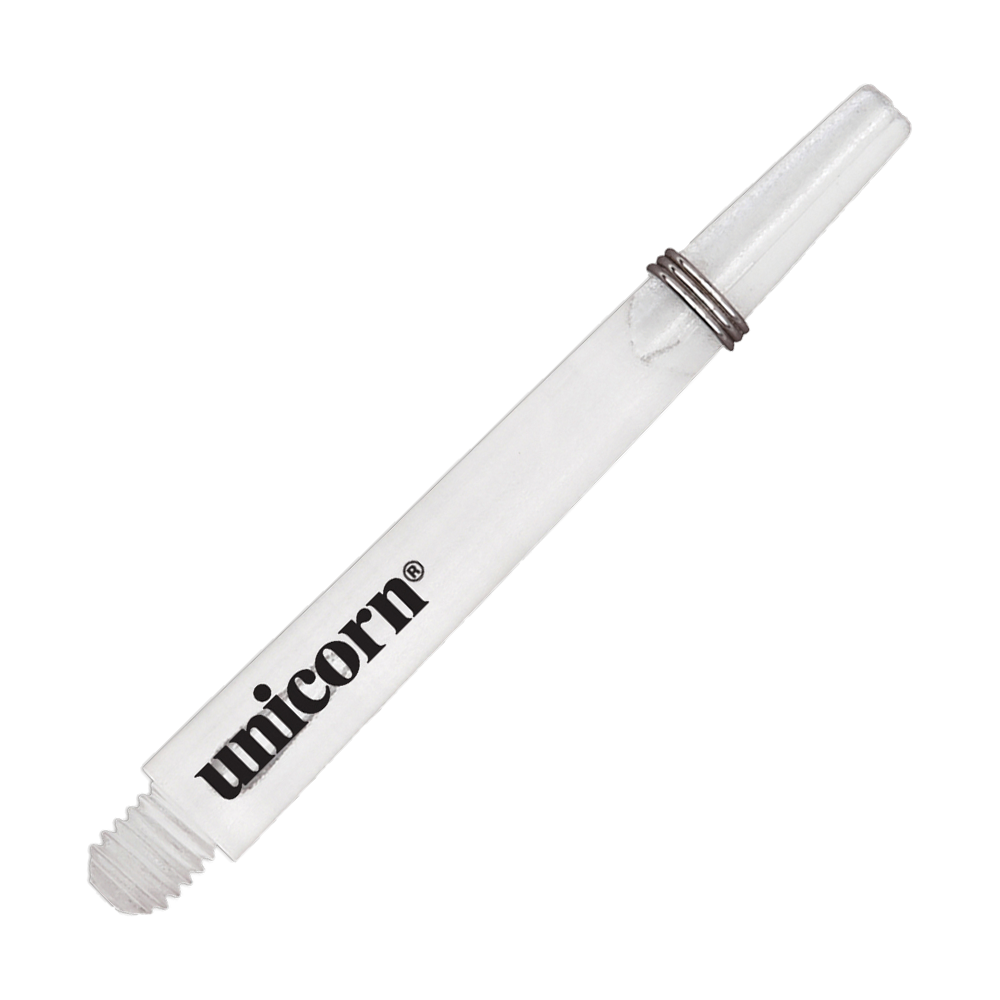 Das Bild zeigt einen klaren Unicorn Gripper 3 Mirage Shaft mit einer Länge von 44,2 mm. Auf dem Schaft ist das Wort "unicorn" aufgedruckt.