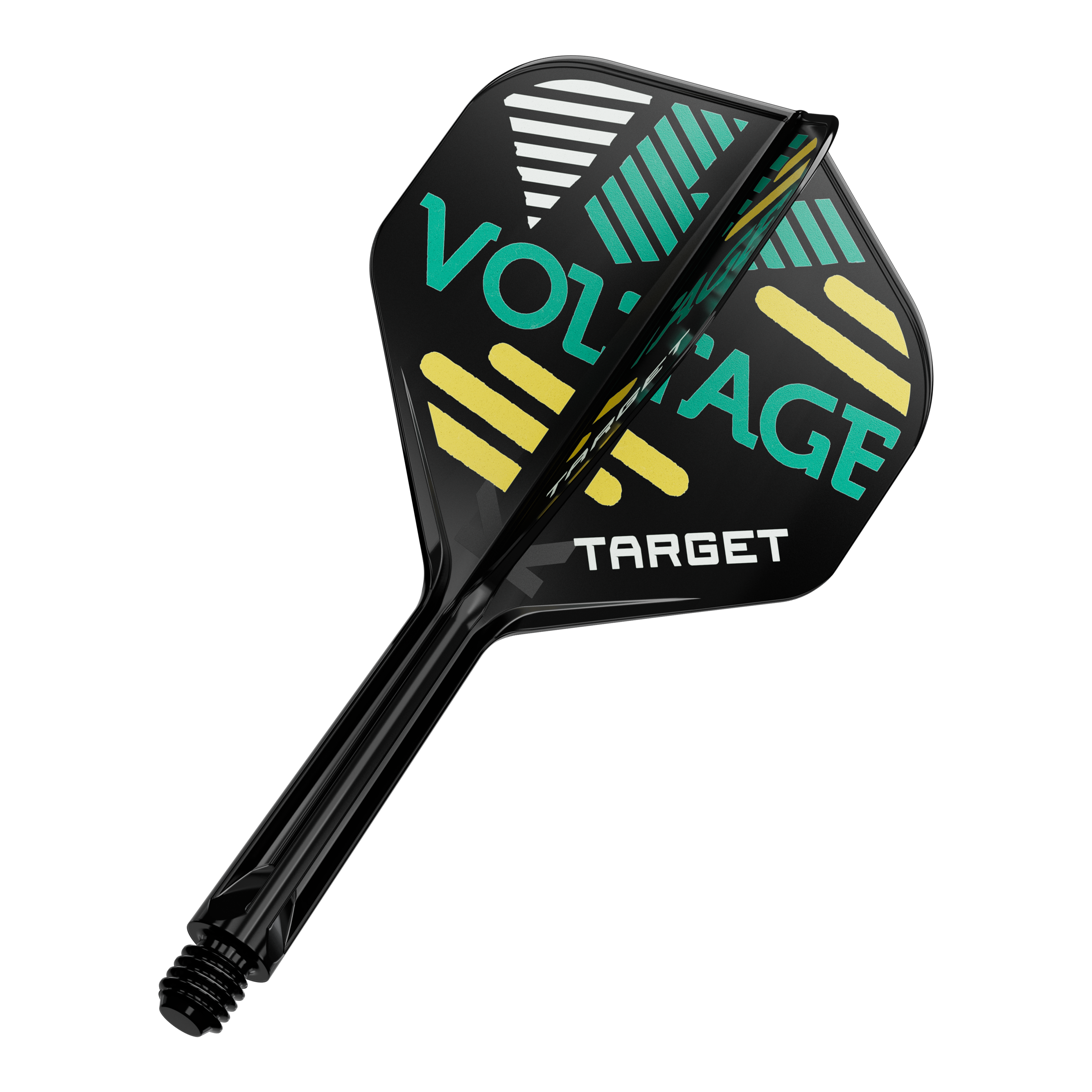 Systém standardní letové hřídele Target K-Flex Rob Cross No2 Auf dem Bild ist ein Dart-Flügel mit Schaft zu sehen. Auf dem schwarzen Flügel steht in grüner und gelber Schrift „VOLTAGE“ und „TARGET“.