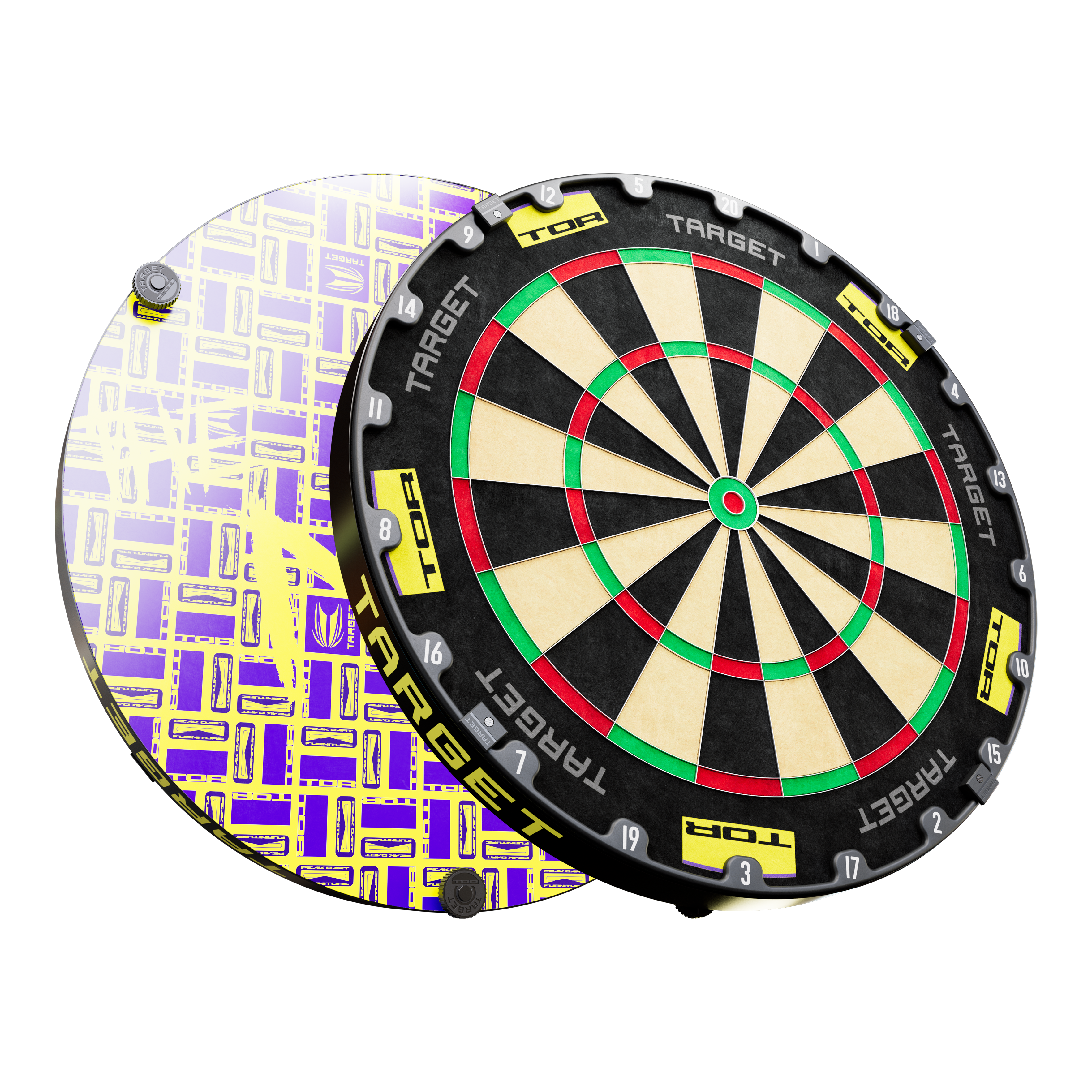 Sada ocelových terčů Target Luke Littler, mistr světa 2025 Surround Goal Auf dem Bild ist ein Steeldartboard-Bundle mit einer schwarzen und gelben Umrandung zu sehen. Im Hintergrund erkennt man eine auffällige, lila-gelbe Motivscheibe mit grafischem Muster.