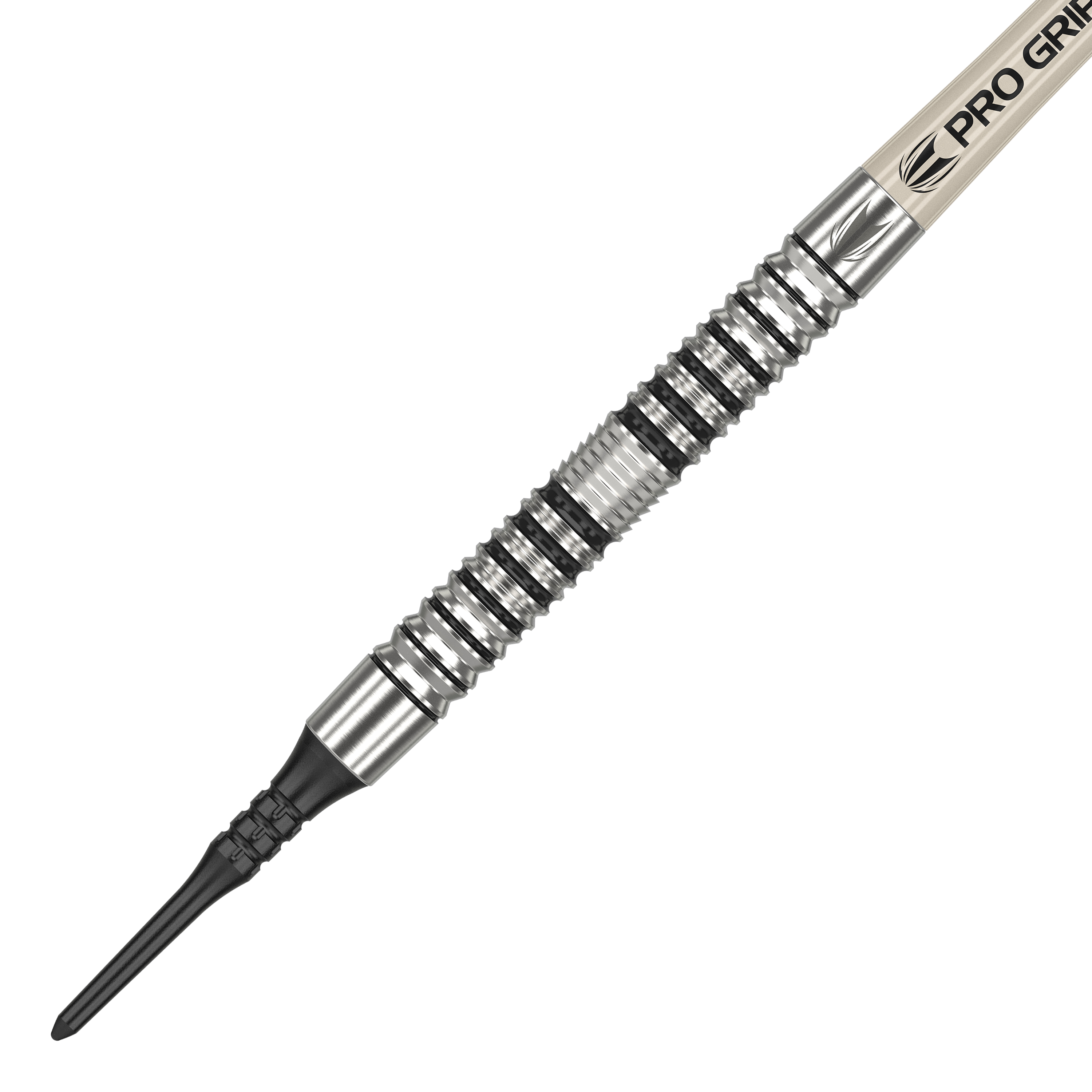 Měkké šipky Target EXO 10 Das Bild zeigt einen Target EXO 10 Softdart. Der Dartpfeil hat ein silbernes, gerilltes Griffstück und eine schwarze Kunststoffspitze.