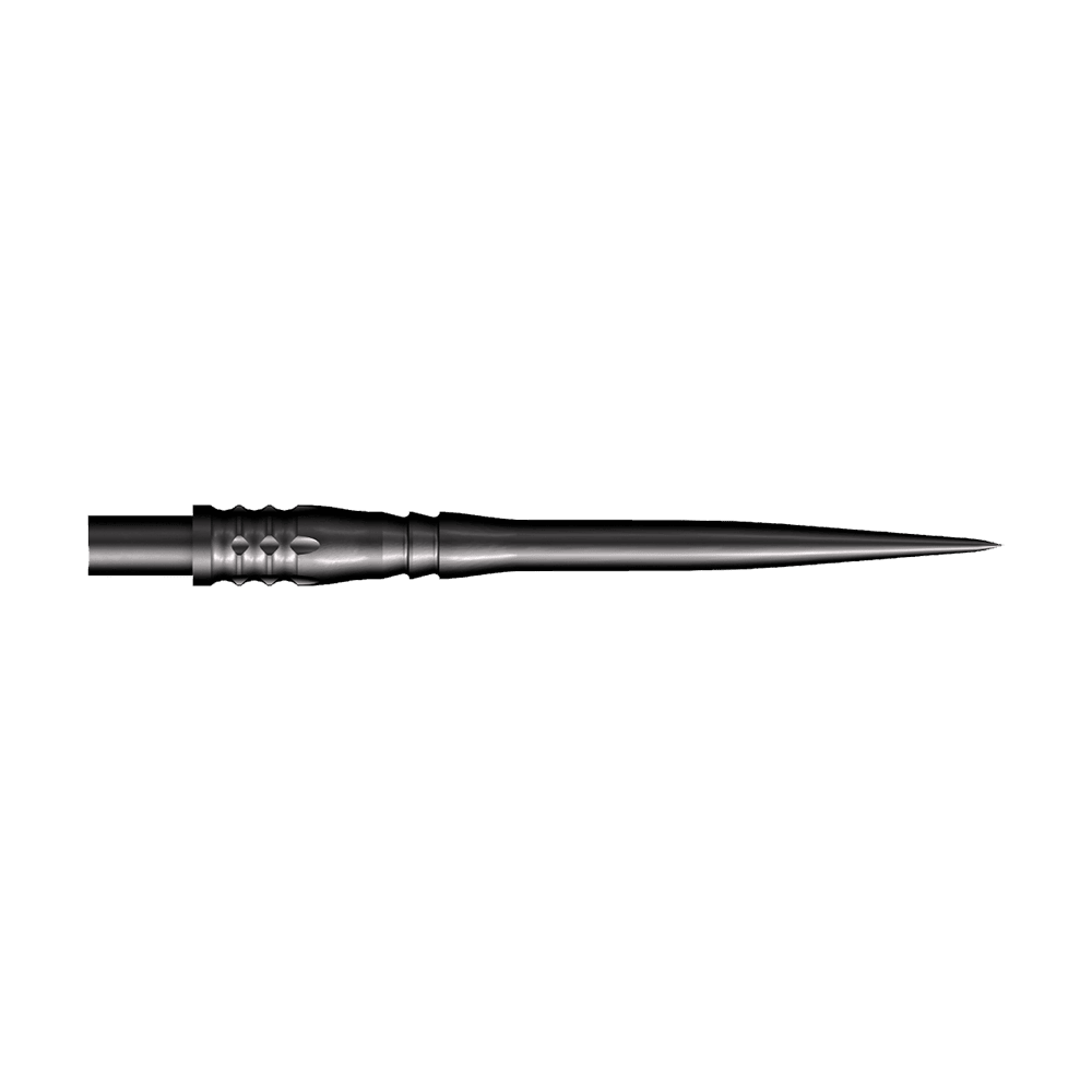 Ocelové hroty na šipky Shot Cone Rocket - černé - 35 mm Das Bild zeigt eine schwarze Steeldart-Spitze mit einer Länge von 35 mm. Die Spitze hat ein schlankes, spitz zulaufendes Design und strukturierte Rillen am Schaft.