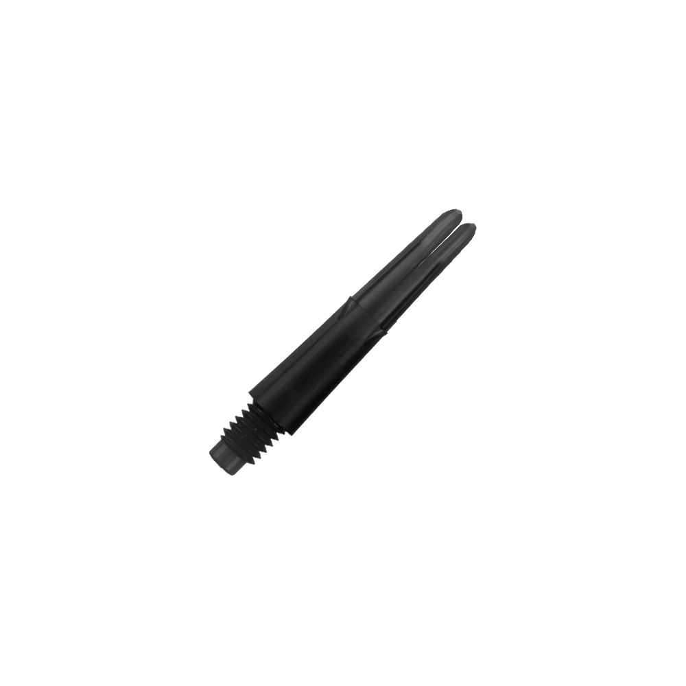 Das Bild zeigt einen schwarzen geraden Shafts für Darts mit Gewinde am unteren Ende. Er ist ohne Kappen und hat eine Länge von 26 mm.