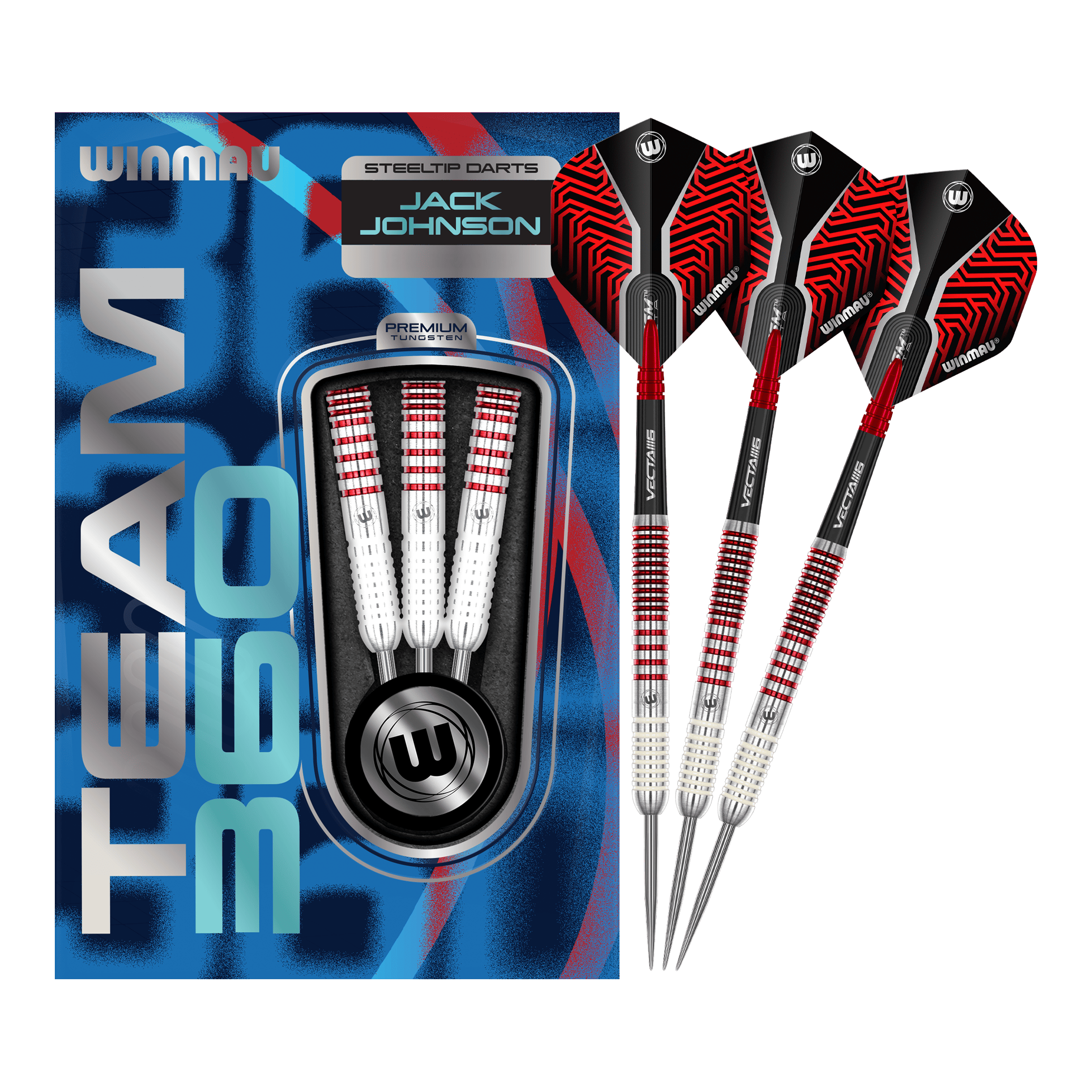 Šipky Winmau Team 360 Jack Johnson ocelové - 24g Das Bild zeigt das komplette Set der Winmau Team 360 Jack Johnson Steeldarts mit 24g. Die Steeldarts sind für präzises Werfen entwickelt.