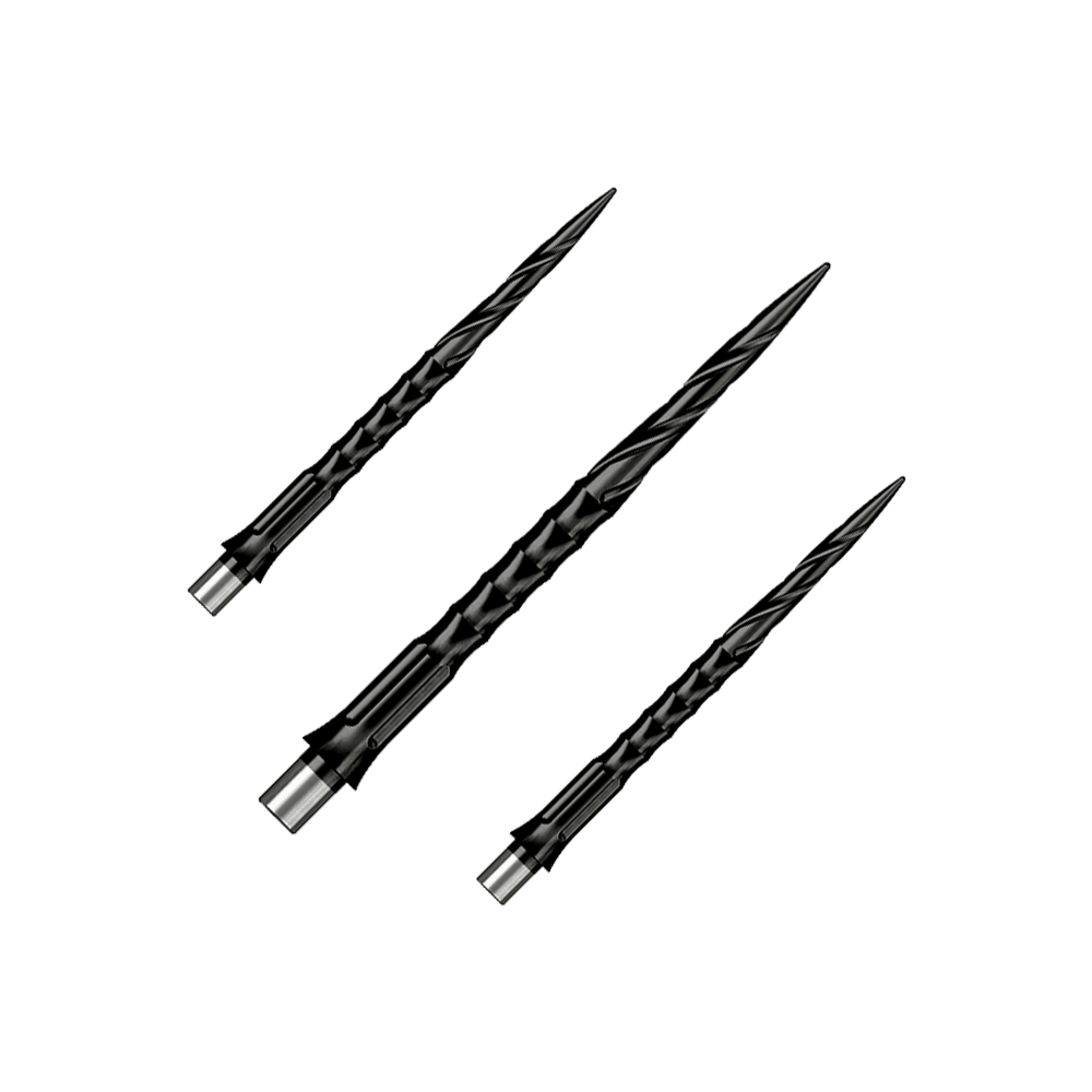 Ocelové hroty na šipky Caliburn System - Spiro - Bez rtu - Černé Gezeigt wird ein Set von Steeldartspitzen Caliburn Evo System Spiro NoLip Black, 36mm. Die Spitzen sind für Steeldarts geeignet und schwarz gefärbt.