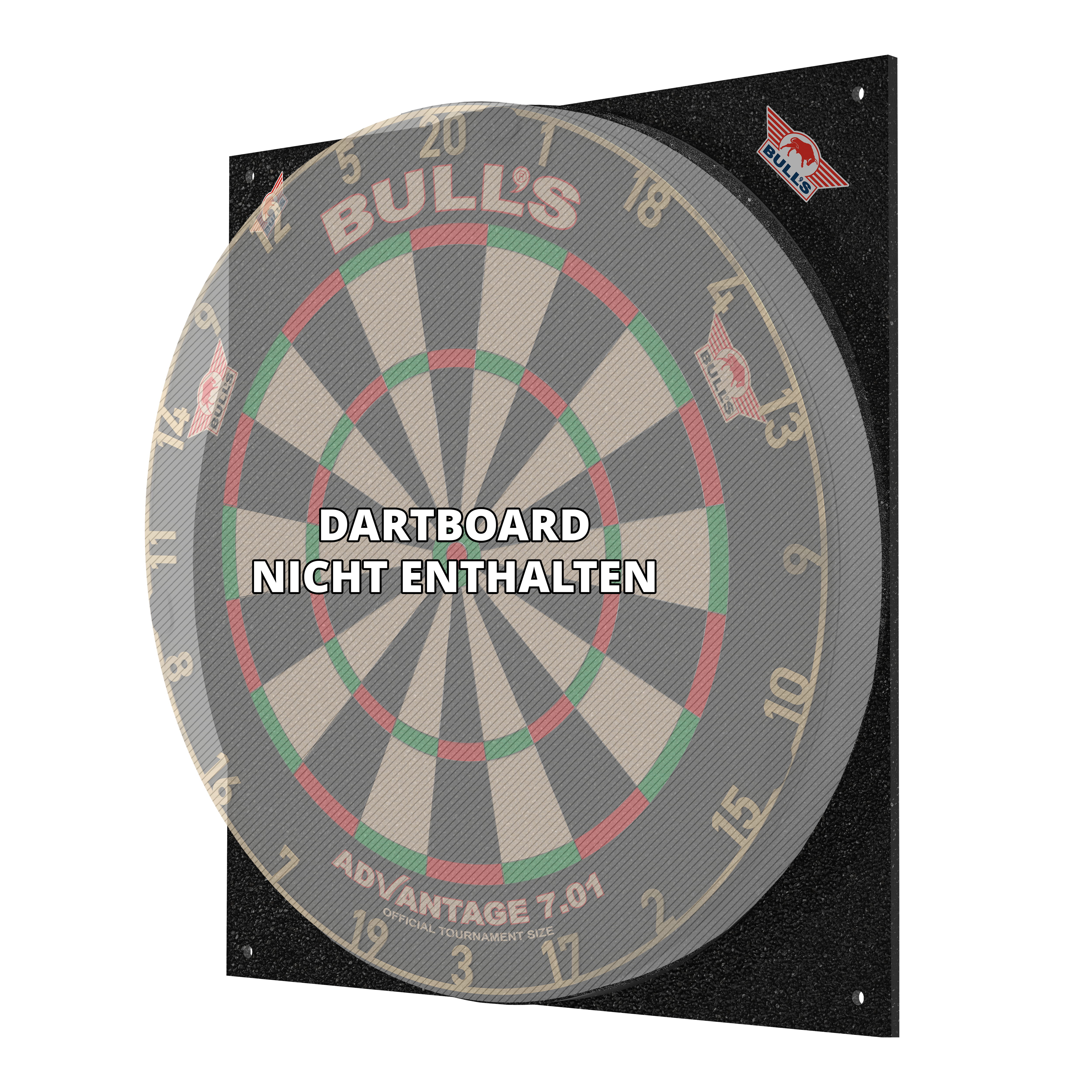Tlumič terčů Bulls NL Das Bild zeigt den Bulls NL Dartboard Silencer, ein schallreduzierendes Board für Dartspiele. Auf dem Bild steht, dass das Dartboard nicht enthalten ist.