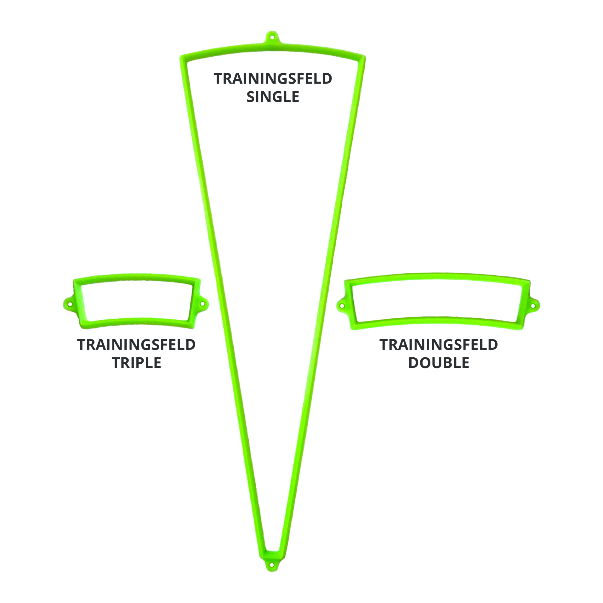 Das Bild zeigt drei grüne Trainingssegmente für das Dartspiel: Single, Double und Triple. Sie sind jeweils mit „TRAININGSFELD SINGLE“, „TRAININGSFELD DOUBLE“ und „TRAININGSFELD TRIPLE“ beschriftet.