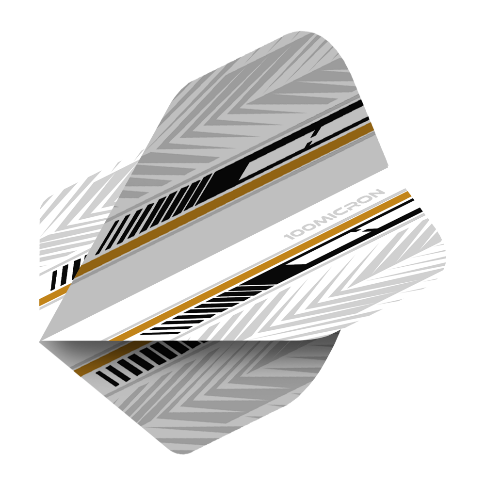 Letky pro pětiboj bílé/černé/zlaté Das Bild zeigt ein Dartflight mit einem modernen Design in Weiß, Schwarz und Gold. Die Oberfläche ist mit geometrischen Mustern und Streifen verziert.