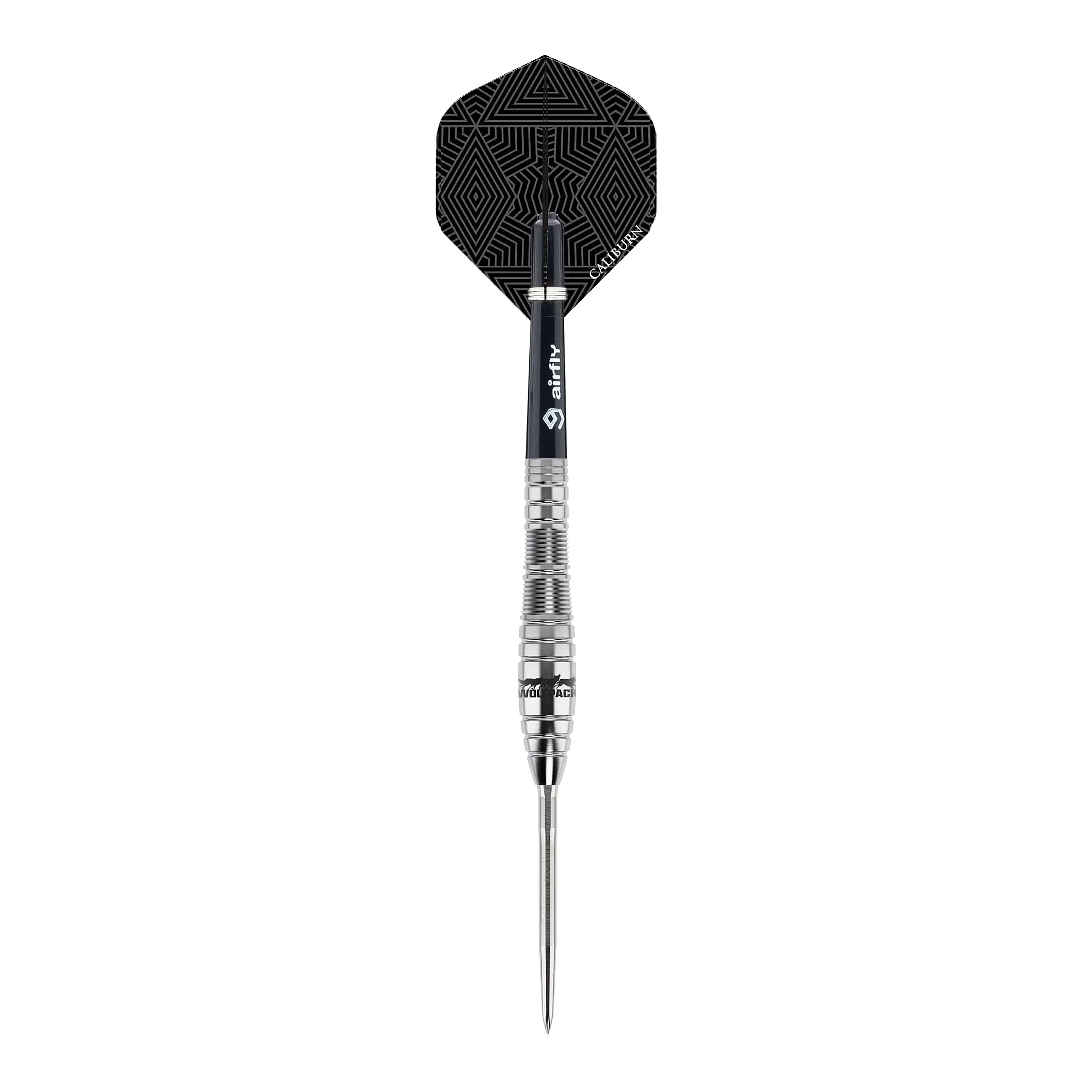 Dies ist ein Steeldart des Produkts "Caliburn Wolfpack W2" mit einem Gewicht von 22g. Der Dart hat ein silbernes Barrel und einen schwarzen Flight mit geometrischem Muster.
