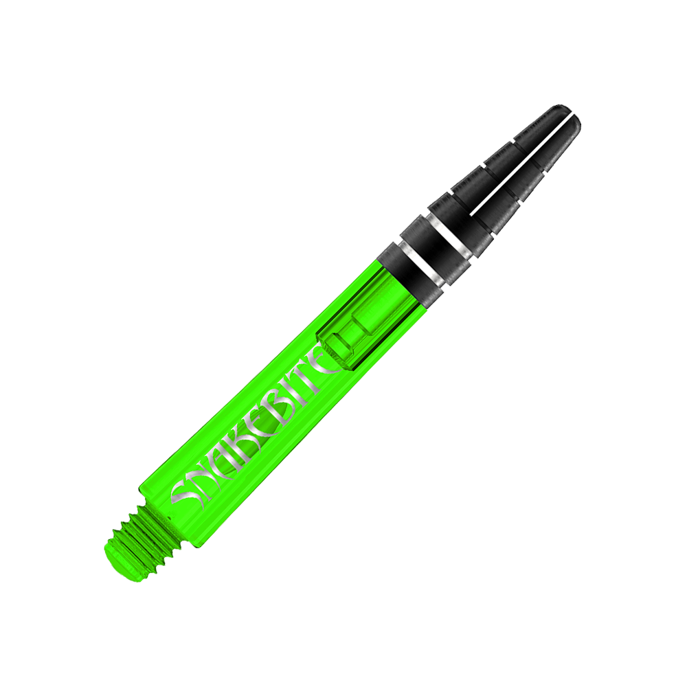C644_Red_Dragon_Nitrotech_Peter_Wright_Green_Shafts_36mm_2 Das Bild zeigt einen grünen Dartshaft mit der Aufschrift "Snakebite." Es handelt sich um den "Red Dragon Nitrotech Peter Wright Shaft" in der Farbe Grün.