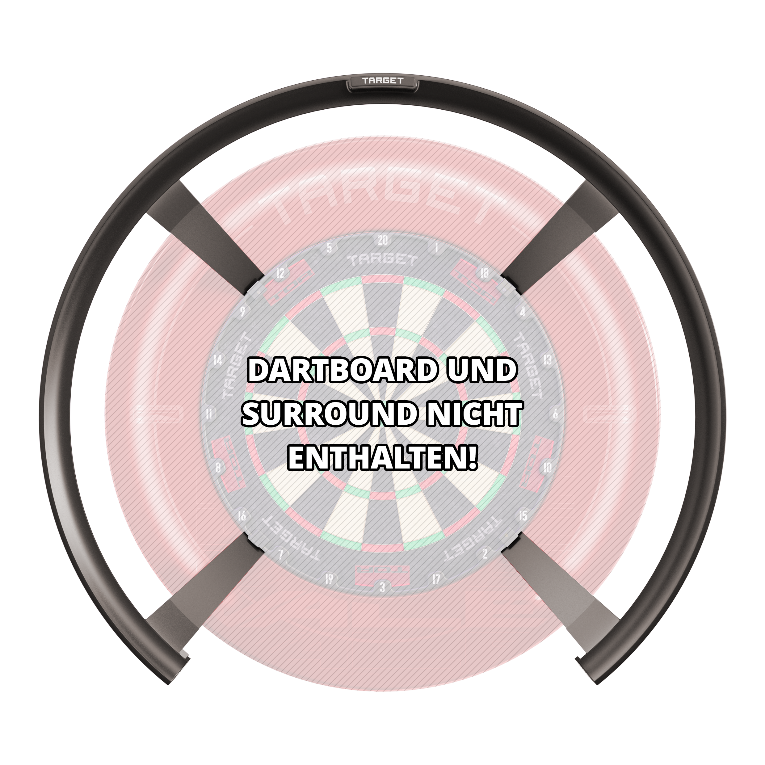 Systém automatického bodování Target OMNI Das Bild zeigt das Produkt "Target OMNI Auto-Scoring-System" vor einem Dartboard. In der Mitte steht der Hinweis: "DARTBOARD UND SURROUND NICHT ENTHALTEN!"