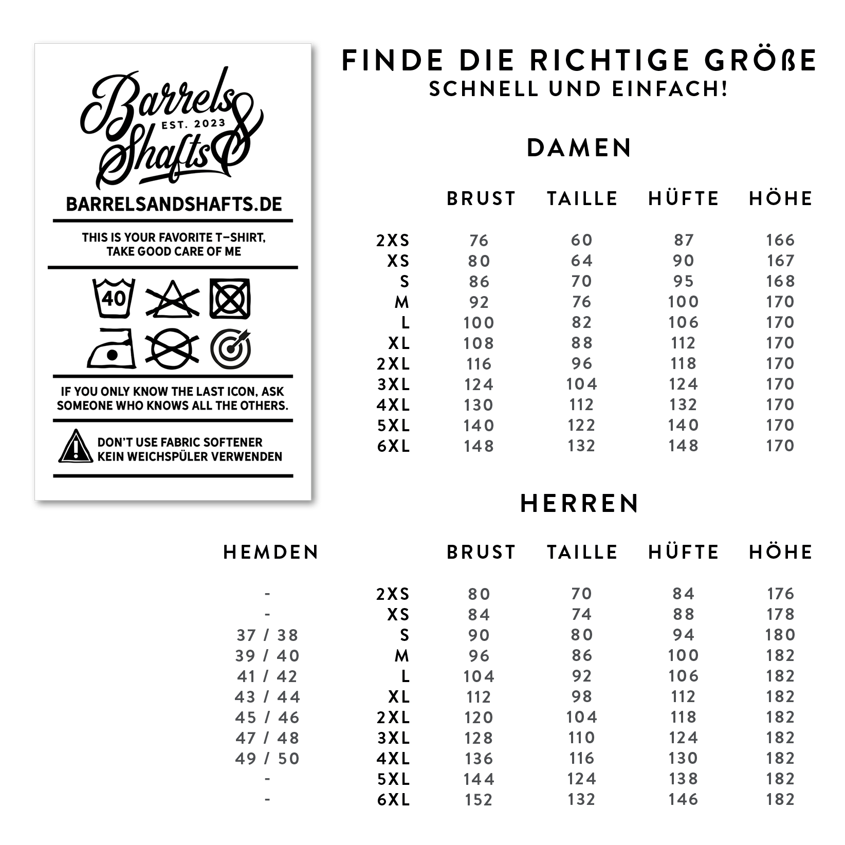 Barrels and Shafts Polo Shirt - Black Das Bild zeigt eine Größentabelle für das Produkt „Barrels and Shafts Poloshirt – Schwarz“ für Damen und Herren. Links sind Pflegehinweise für das T-Shirt abgebildet.