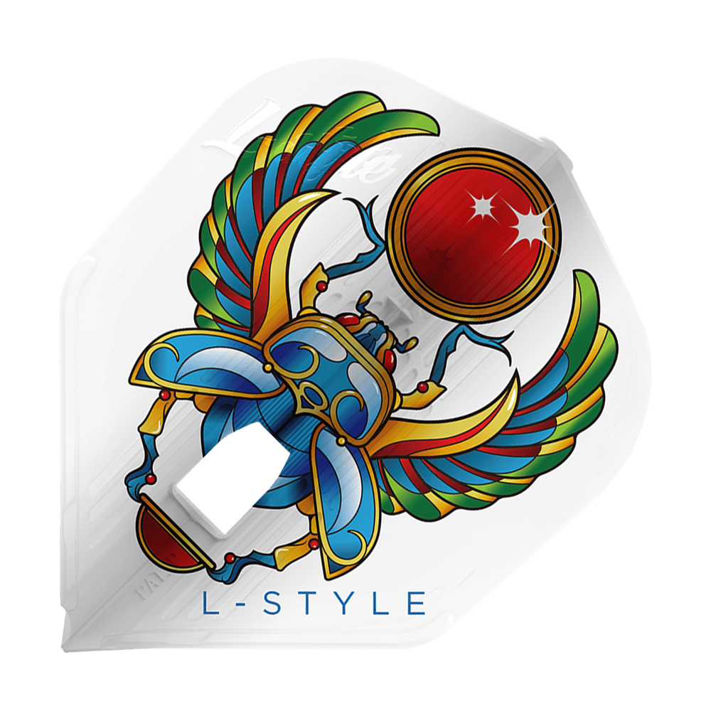 L-Style Anastasia Dobromyslova V3 White Letenky L3KAMI Das Bild zeigt ein Dart-Flight mit einem bunten Skarabäus-Design, der eine rote Kugel hält. Unten steht der Text "L-STYLE" auf weißem Hintergrund.