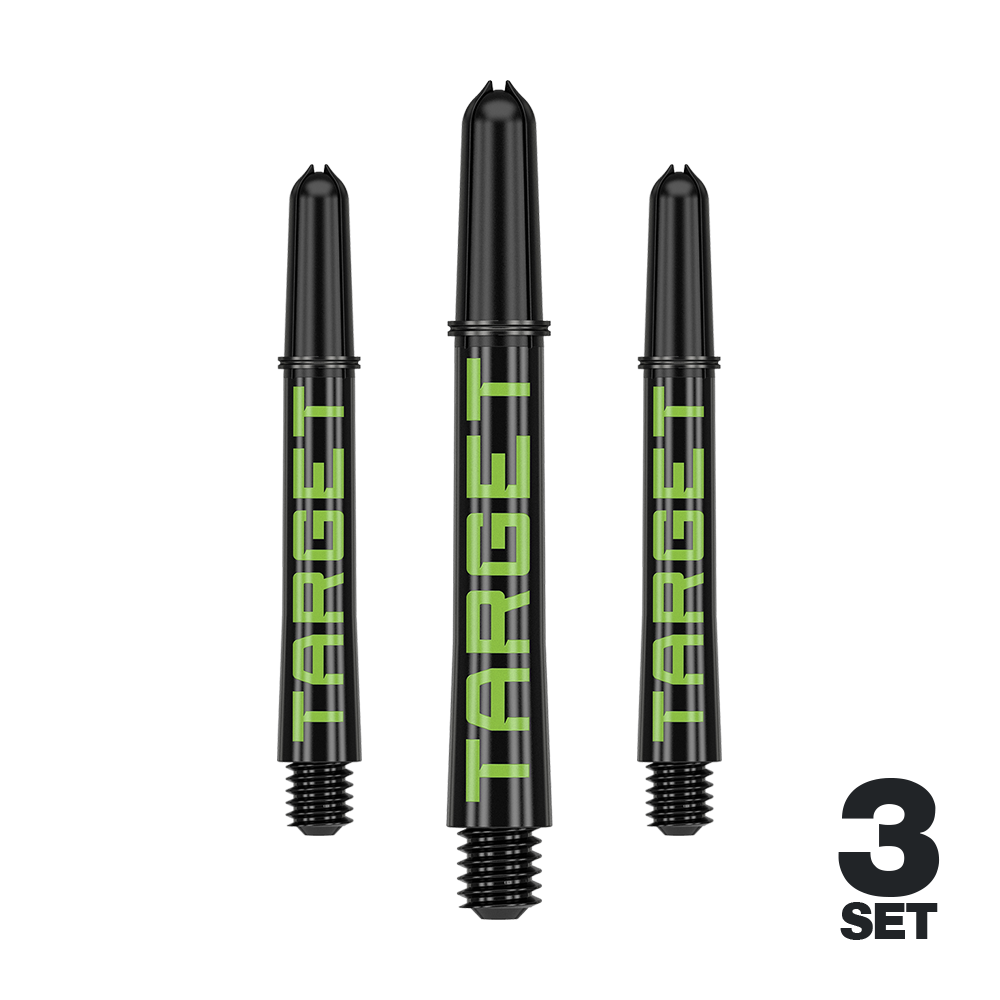 Das Bild zeigt drei schwarze Dart-Schäfte mit grünem Schriftzug "TARGET". Unten rechts steht "3 SET", was auf ein Set von drei Stück hinweist.