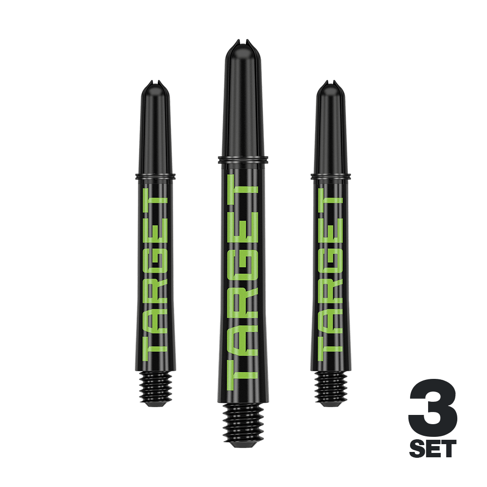 Target Pro Grip TAG Shafts - 3 sady - černo-zelené Das Bild zeigt drei schwarze Dart-Schäfte mit grünem Schriftzug "TARGET". Unten rechts steht "3 SET", was auf ein Set von drei Stück hinweist.
