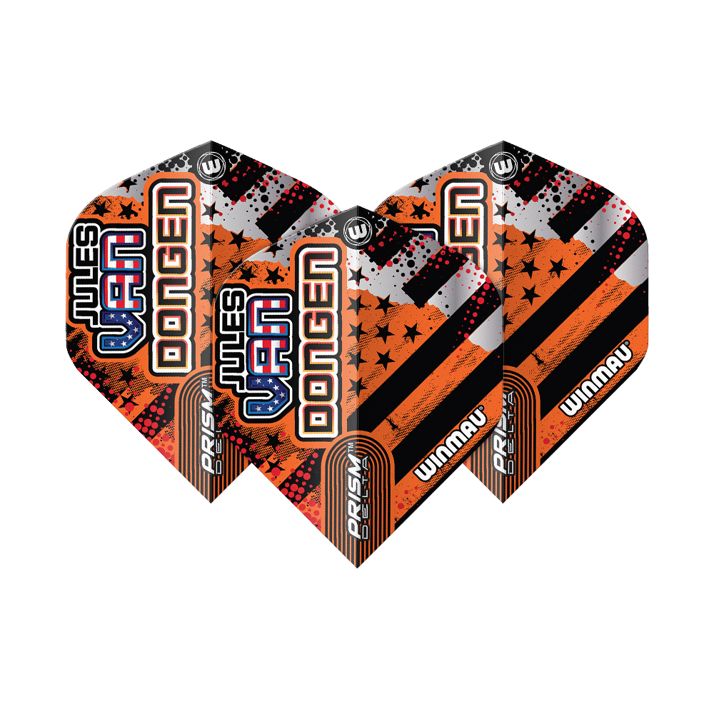 Winmau Prism Delta Jules Van Dongen Standardní lety Das Bild zeigt drei Dartflights des Modells "Winmau Prism Delta Jules Van Dongen Standard Flights". Die Flights sind in Schwarz, Orange und Silber gestaltet und tragen den Namen "Jules Van Dongen".