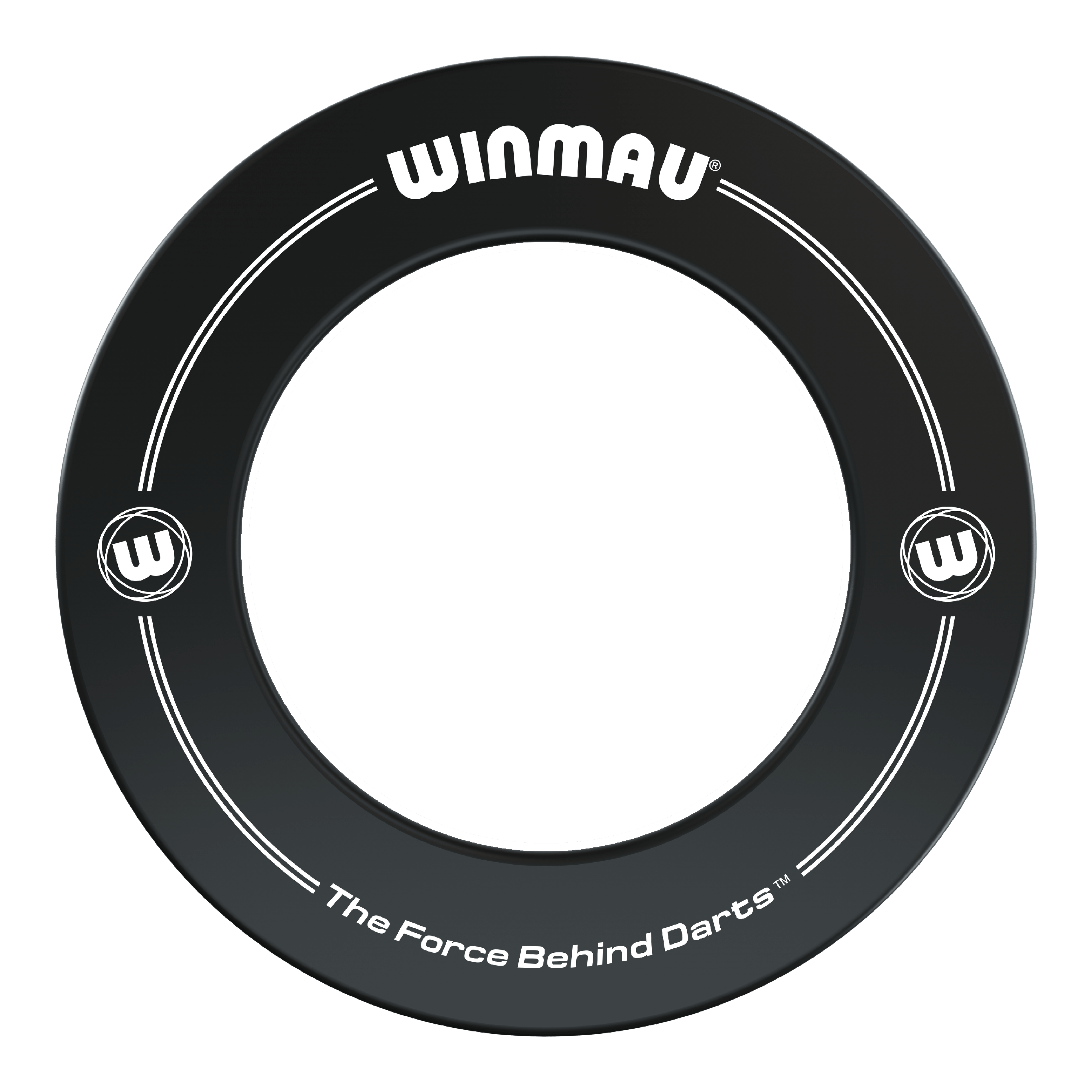 Winmau Dartboard Surround 2022 Auf dem Bild ist ein schwarzer Dartboard-Surround der Marke Winmau zu sehen. Auf dem Surround steht der Slogan „The Force Behind Darts“.