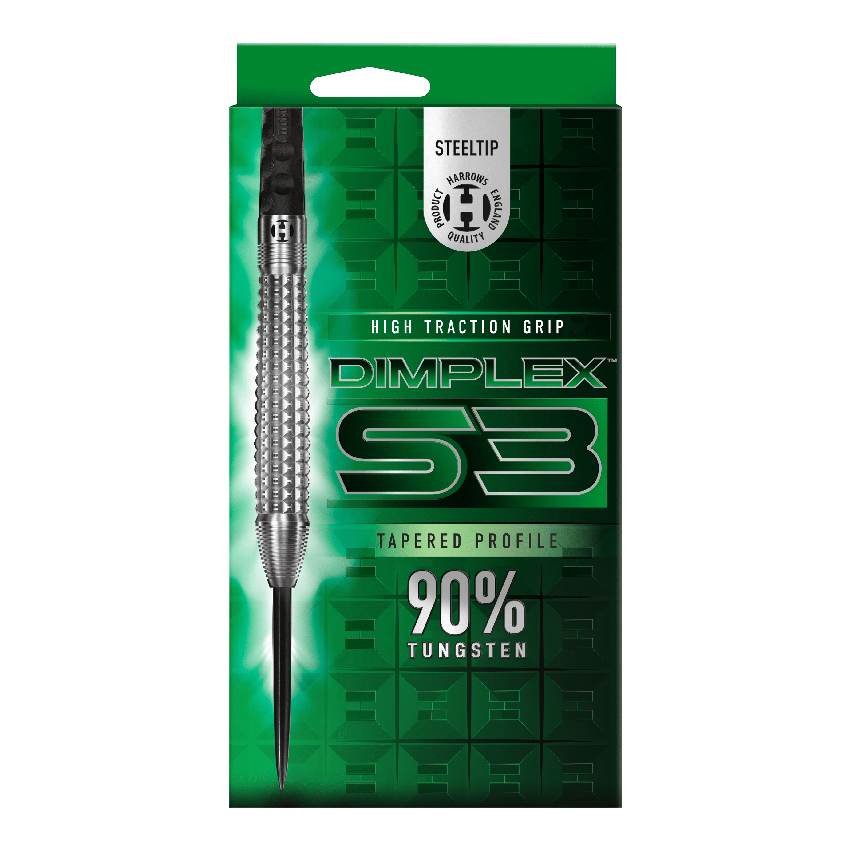 Šipky Harrows Dimplex S3 Tapered Steel Das Bild zeigt die Verpackung der "Harrows Dimplex S3 Tapered Steeldarts". Die Verpackung ist grün und hebt den hohen Wolframanteil von 90% sowie den hohen Grip hervor.