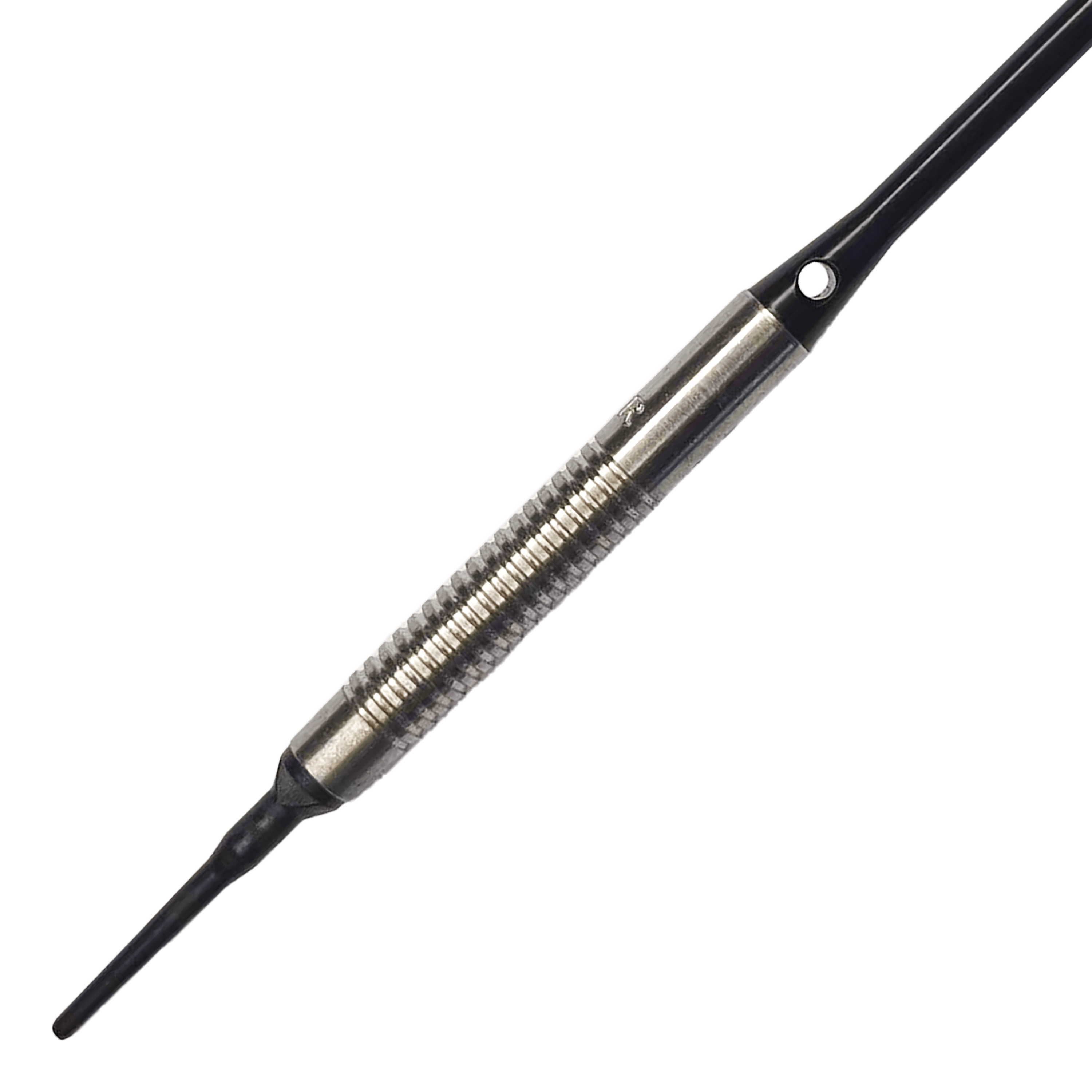 Měkké šipky McDart 85 Tungsten V8 - 18,5 g Das Bild zeigt einen McDart 85er Tungsten V8 Softdart mit einem Gewicht von 18,5 Gramm. Der Dart besteht aus silberfarbenem Metall mit einer geriffelten Griffzone und einer schwarzen Spitze.