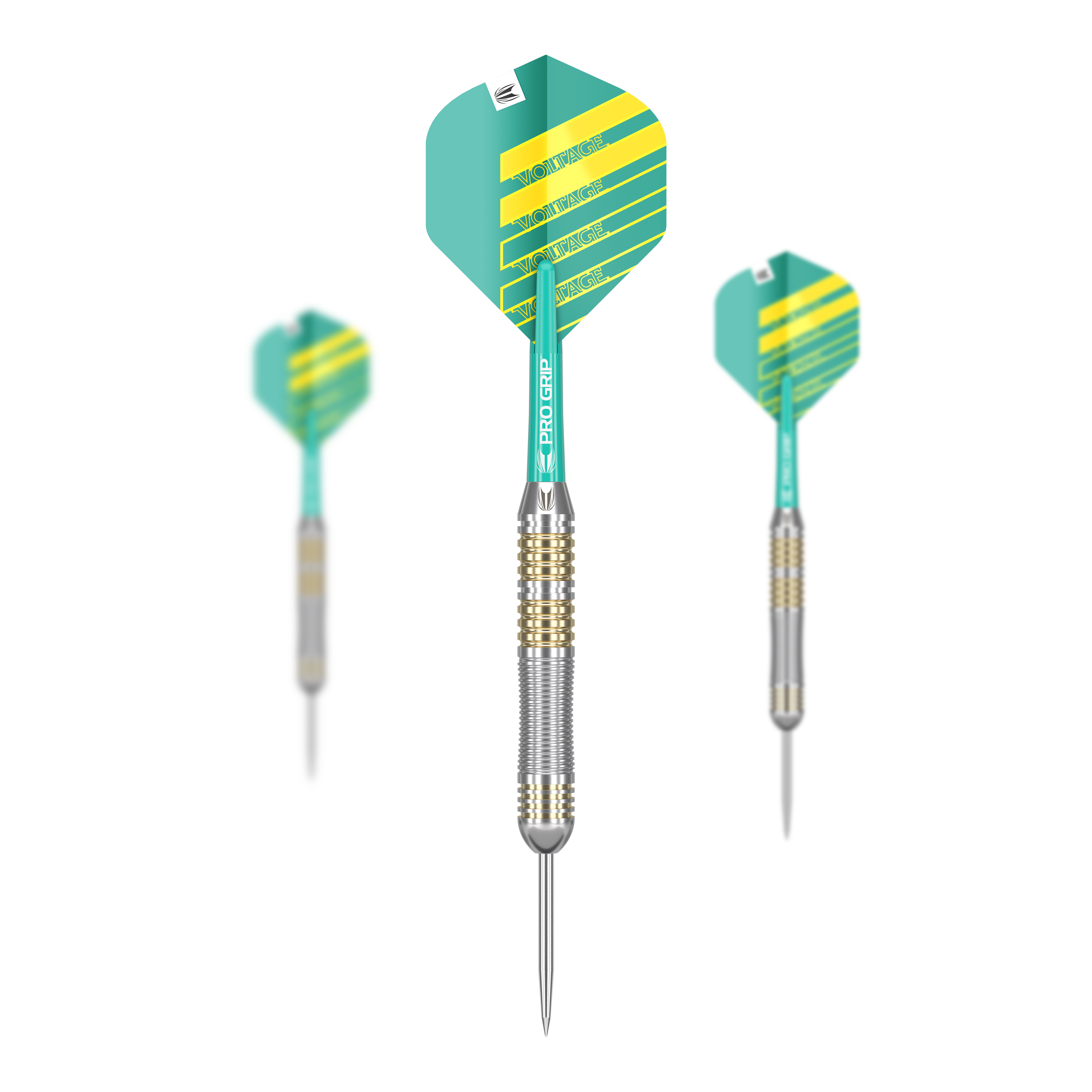 Target Rob Cross Brass Steeldarts - 22g Das Bild zeigt drei Target Rob Cross Brass Steeldarts mit einem Gewicht von 22g. Die Darts haben gelb-grüne Flights und einen silber-goldenen Barrel.