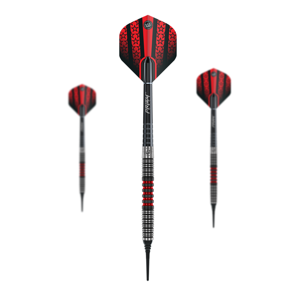 Měkké šipky Winmau Joe Cullen Das Bild zeigt drei Winmau Joe Cullen Softdarts mit roten und schwarzen Flights. Die Darts haben einen silbernen Schaft mit roten Akzenten und eine schwarze Spitze.