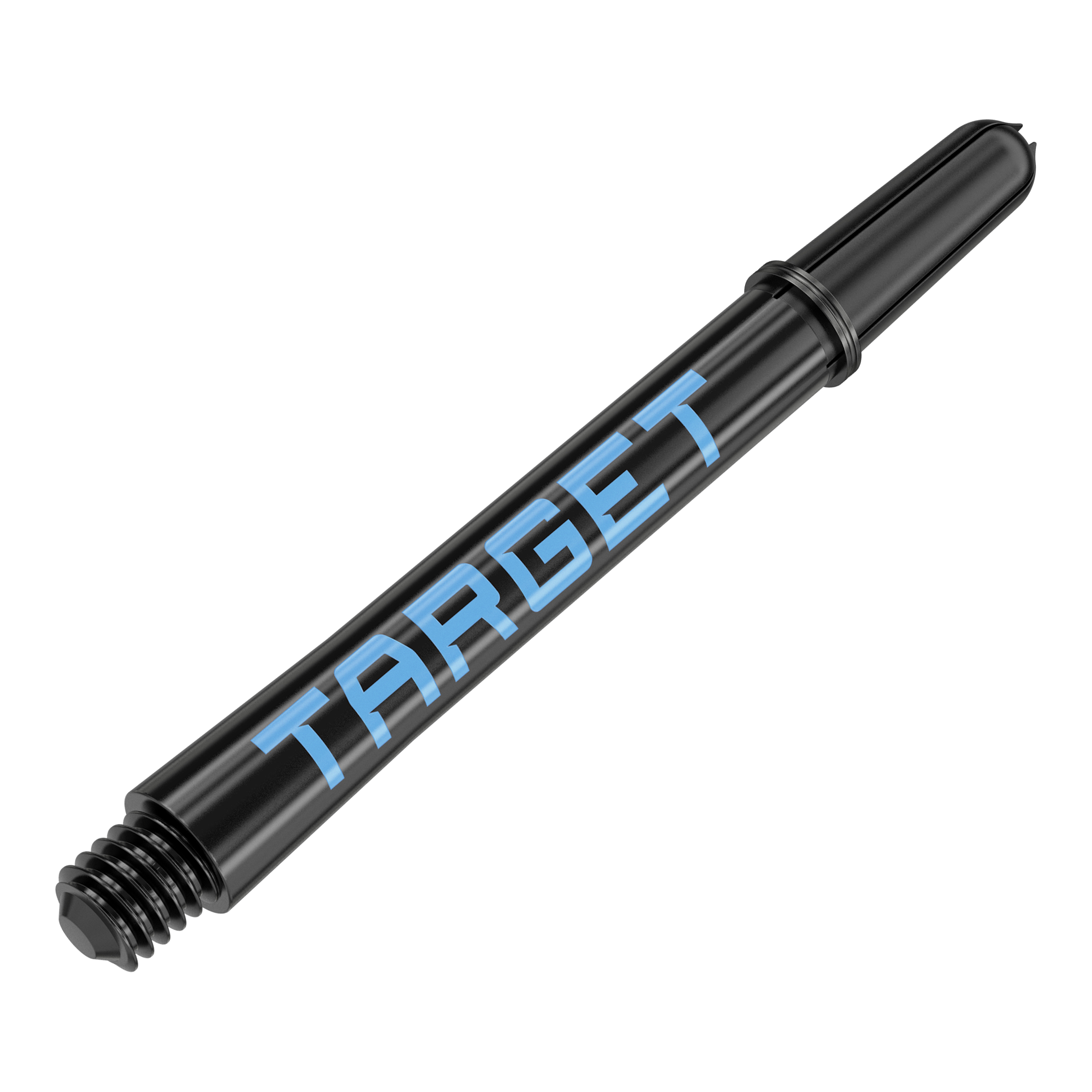 Násadky Target Pro Grip TAG - 3 sady - černomodré Das Bild zeigt einen schwarzen Dart-Schaft mit blauer Schrift, auf dem "TARGET" steht. Der Schaft hat ein Gewinde am Ende zur Befestigung am Dartpfeil.