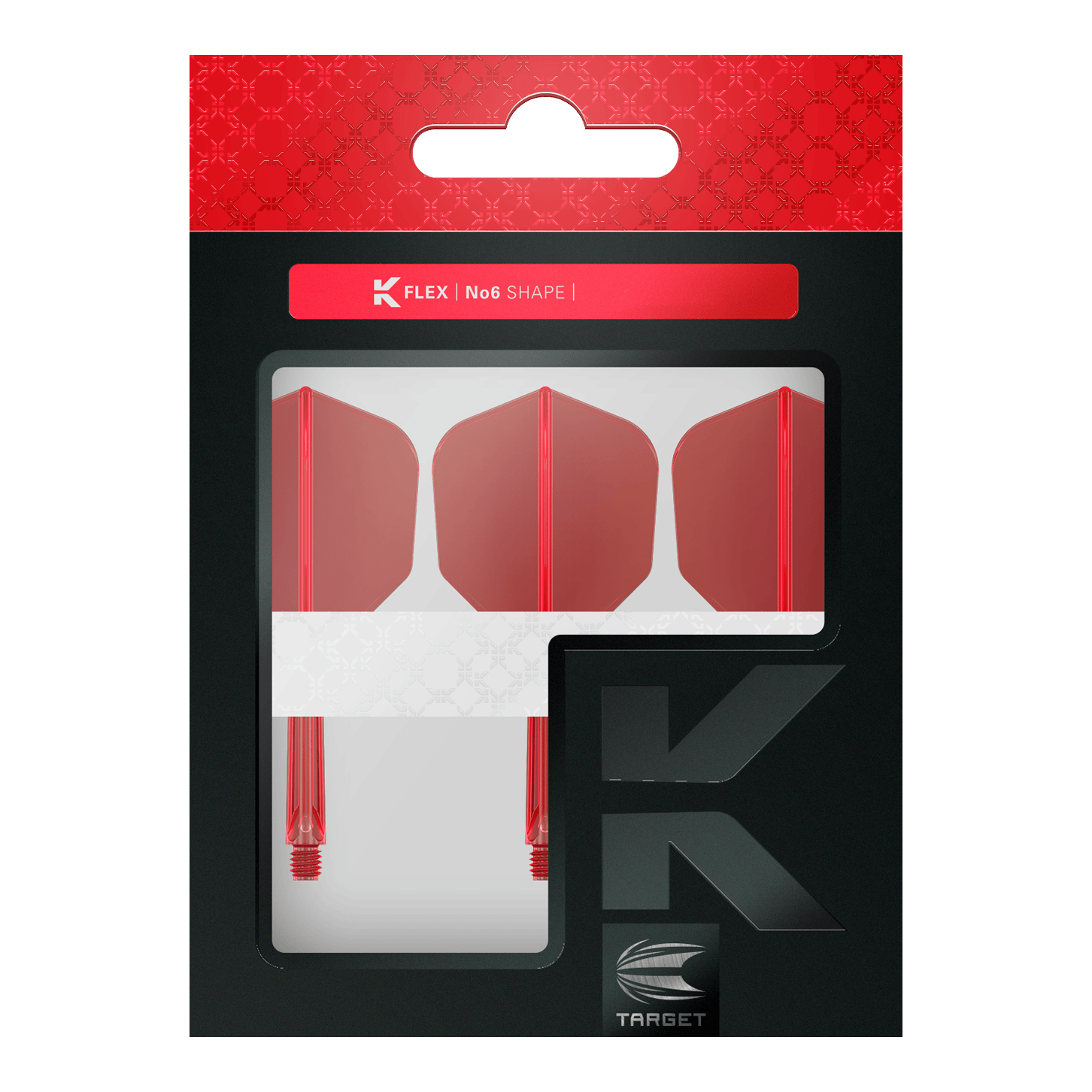 Letový systém Target K-Flex No6 - červený Das Bild zeigt eine Verpackung mit drei roten Dartflights und Schäften. Die Marke "Target" und die Produktbezeichnung "K-Flex No6 Shape" sind auf der Verpackung sichtbar.