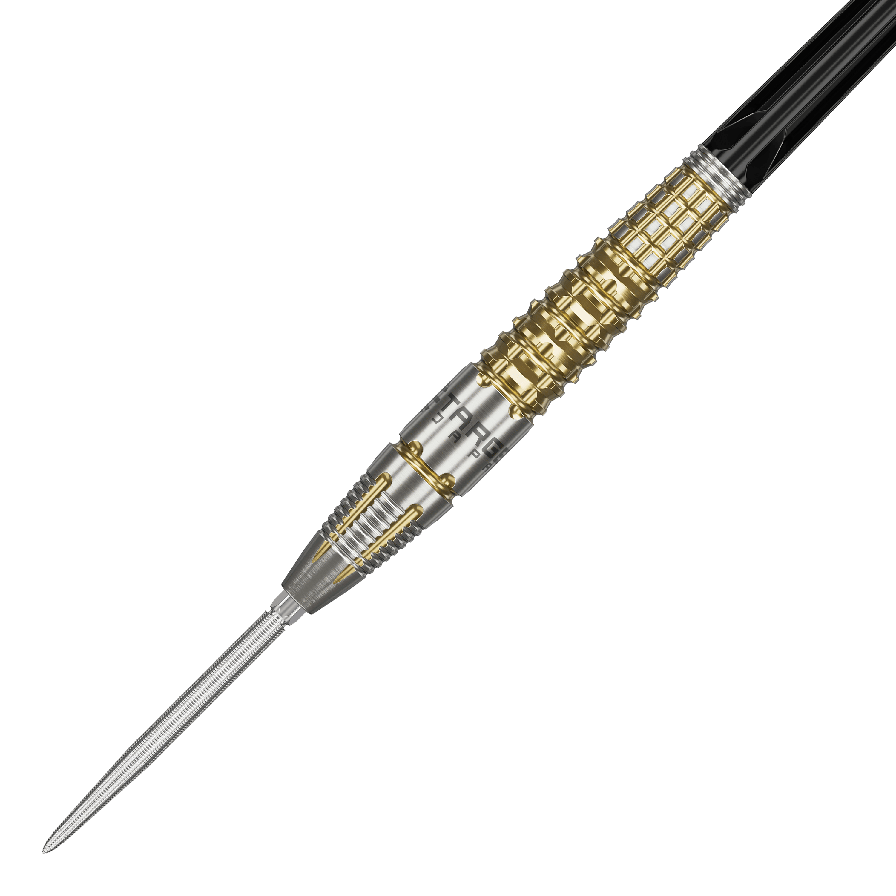 Šipky Target Black Marque Warrior Swiss Point Steel Das Bild zeigt einen Target Black Marque Warrior Swiss Point Steeldart. Der Dart ist silber und goldfarben mit auffälligen Rillen und einem spitzen Metallende.