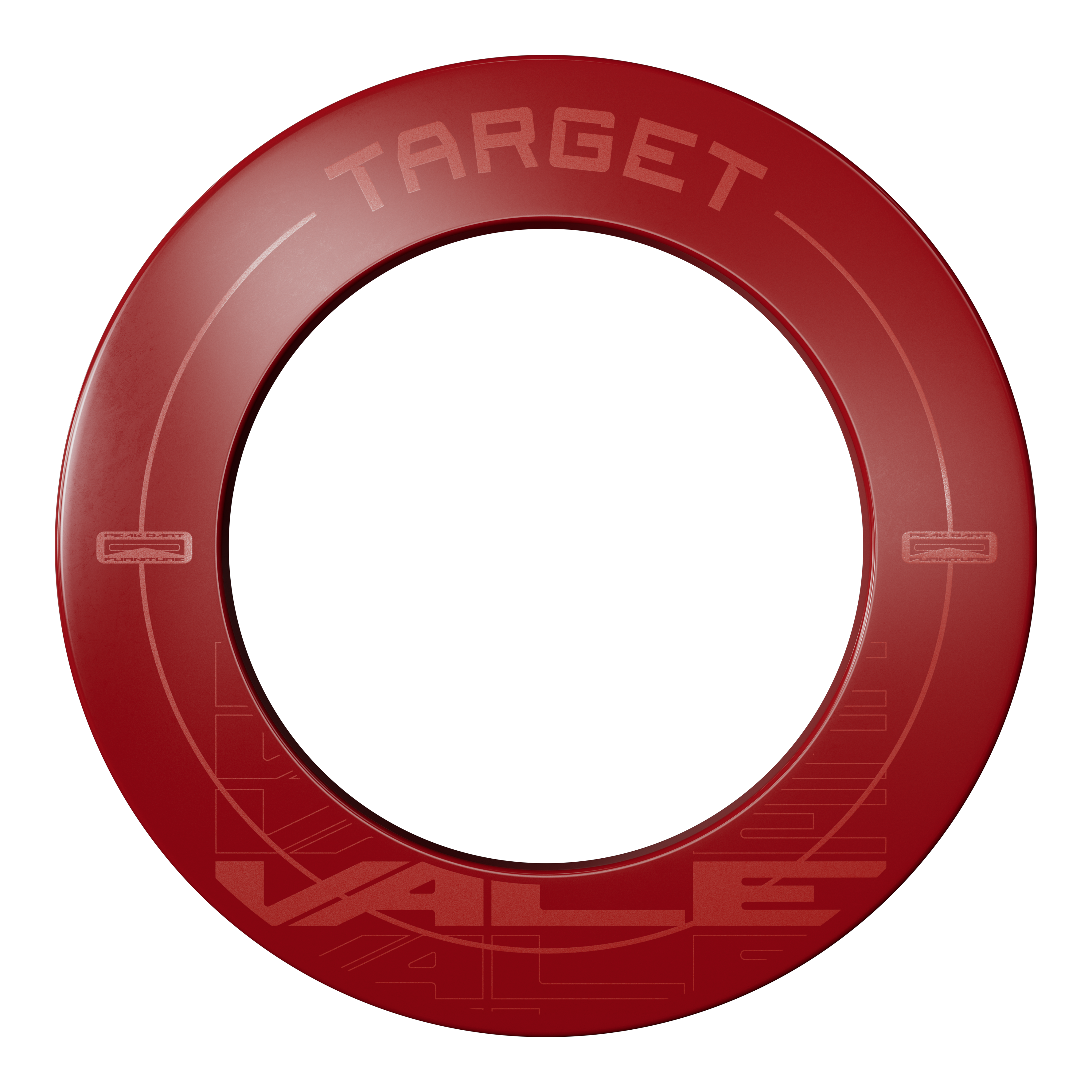 Das Bild zeigt einen roten Dartboard-Surround mit der Aufschrift "TARGET VALE". Der Surround ist rund und schützt die Wand rund um die Dartscheibe.